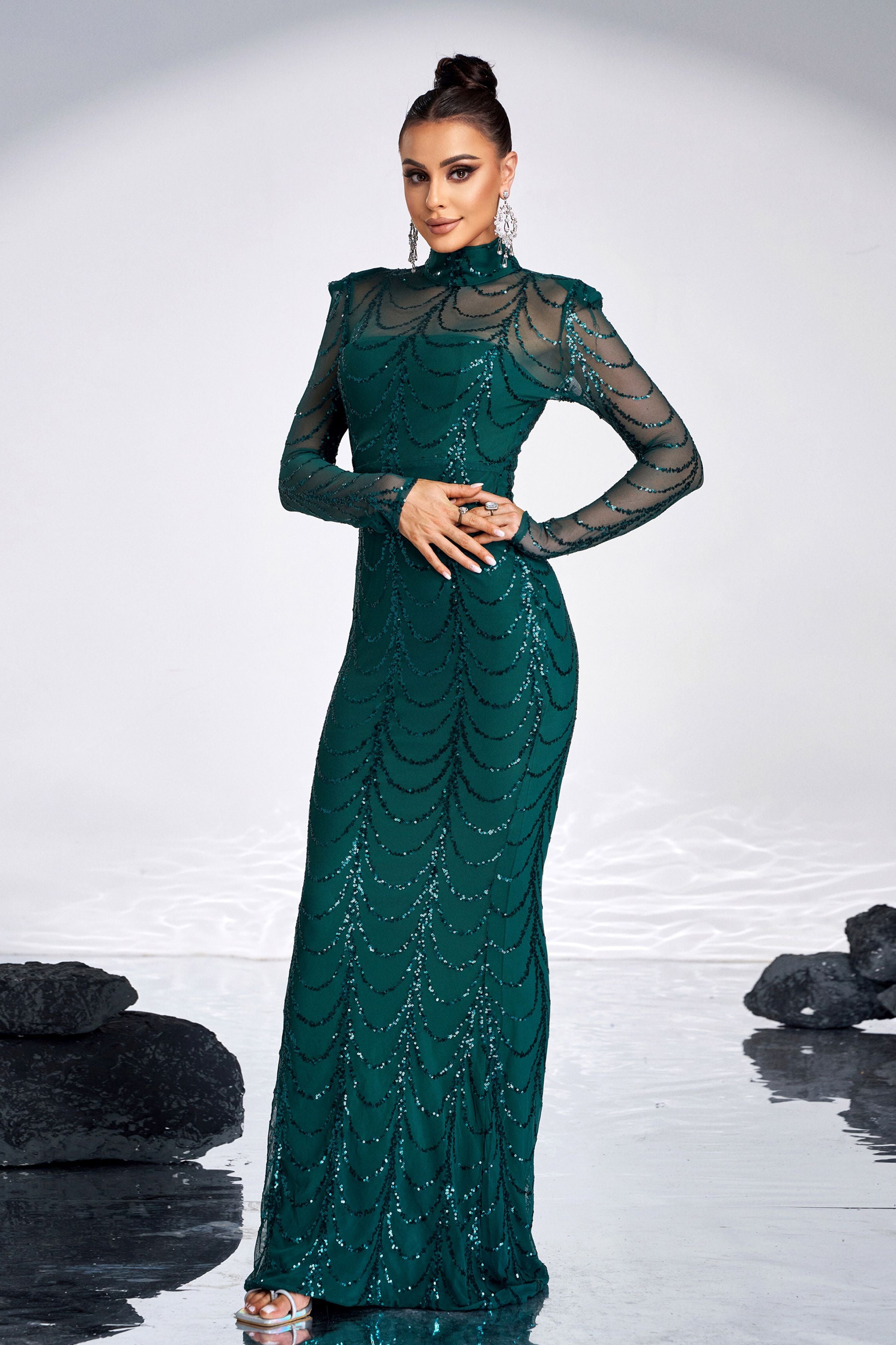 Azina -M0032 Mock-Neck Sequin Mesh Prom Dress