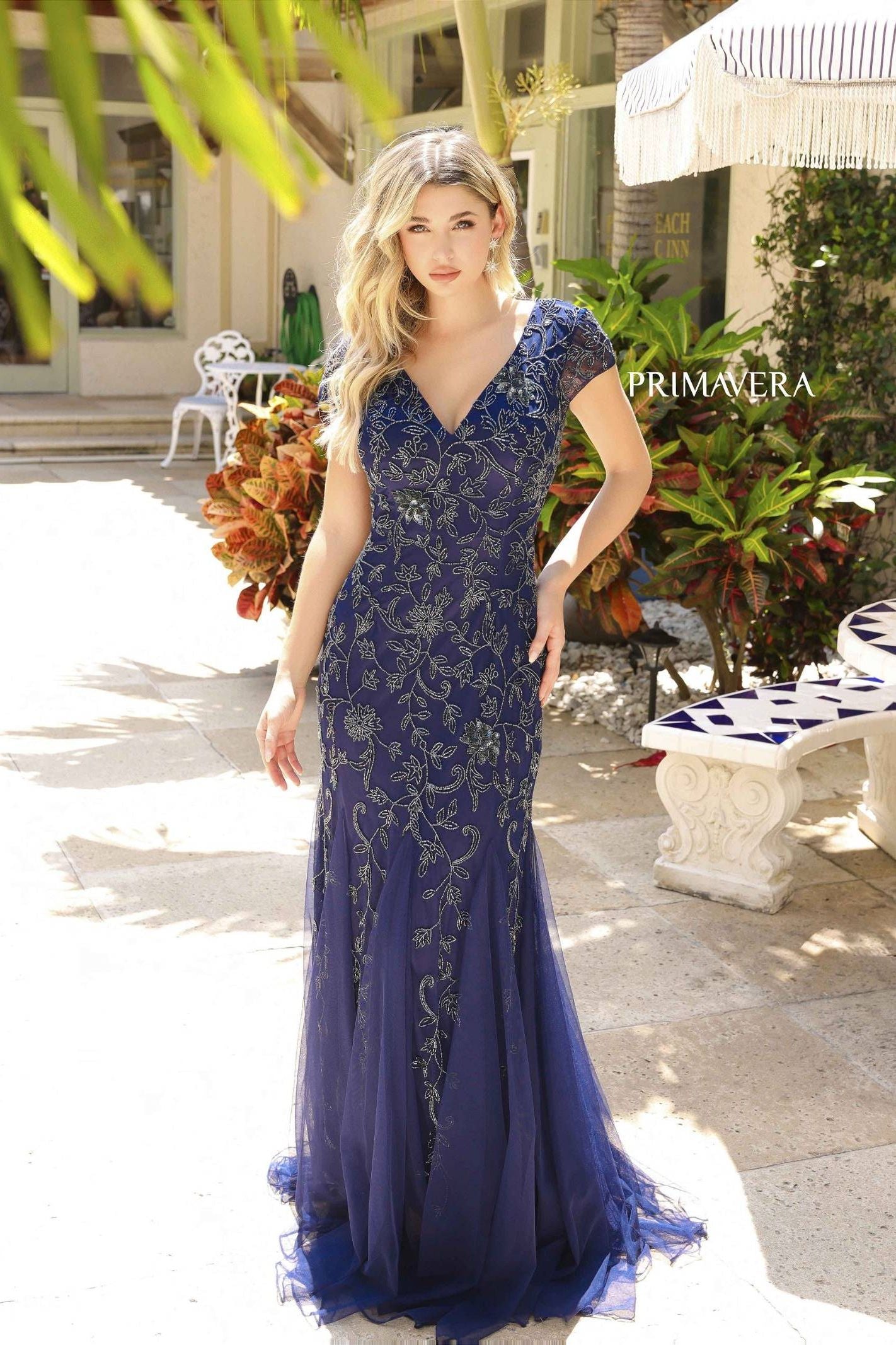 Primavera Couture -13112 V-Neck Beaded Mermaid Prom Dress