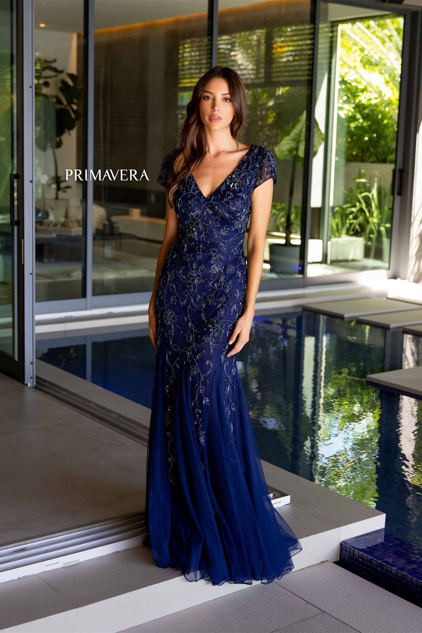 Primavera Couture -13112 V-Neck Beaded Mermaid Prom Dress