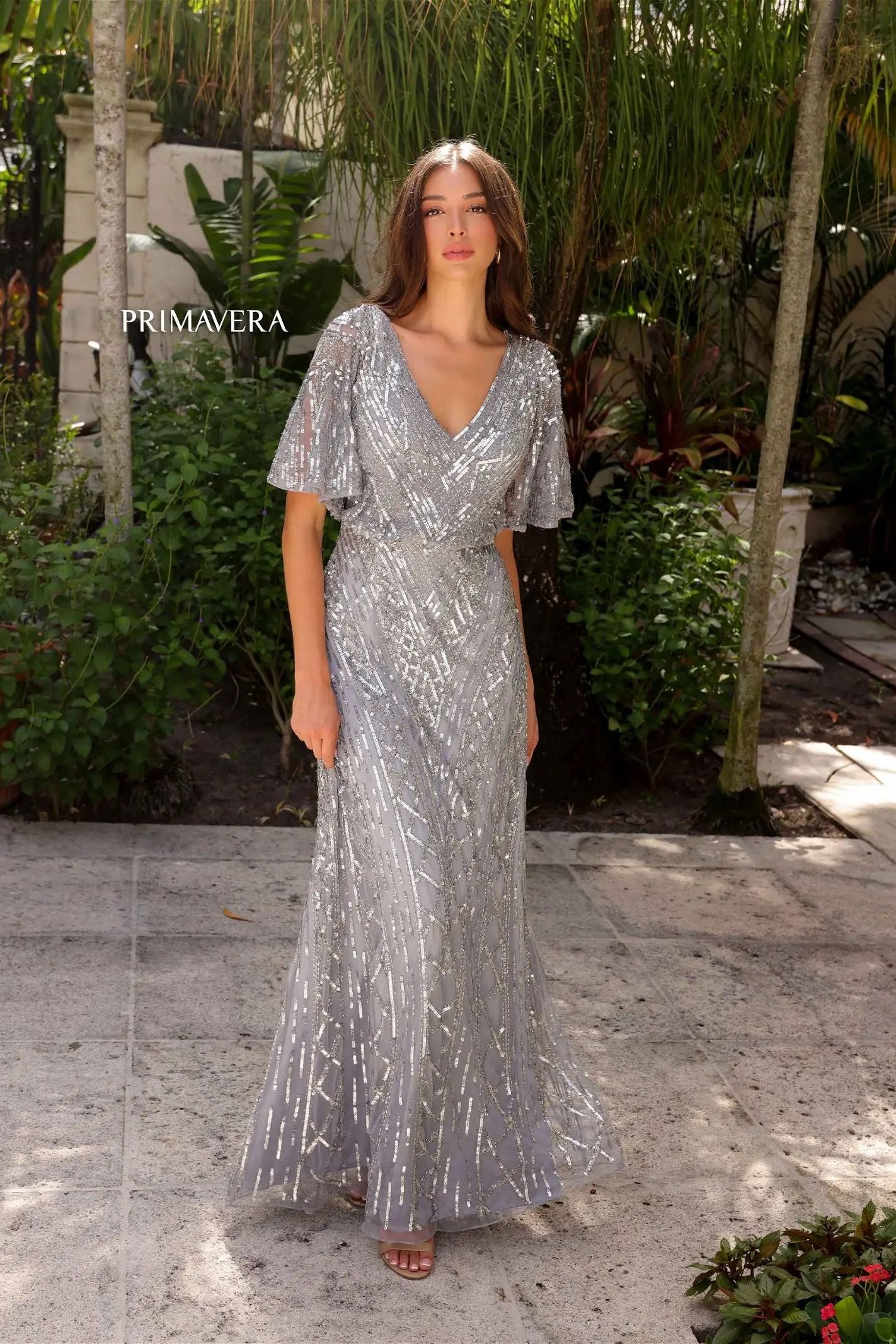 Primavera Couture -13119 V-Neck Sequin Beaded A-Line Dress