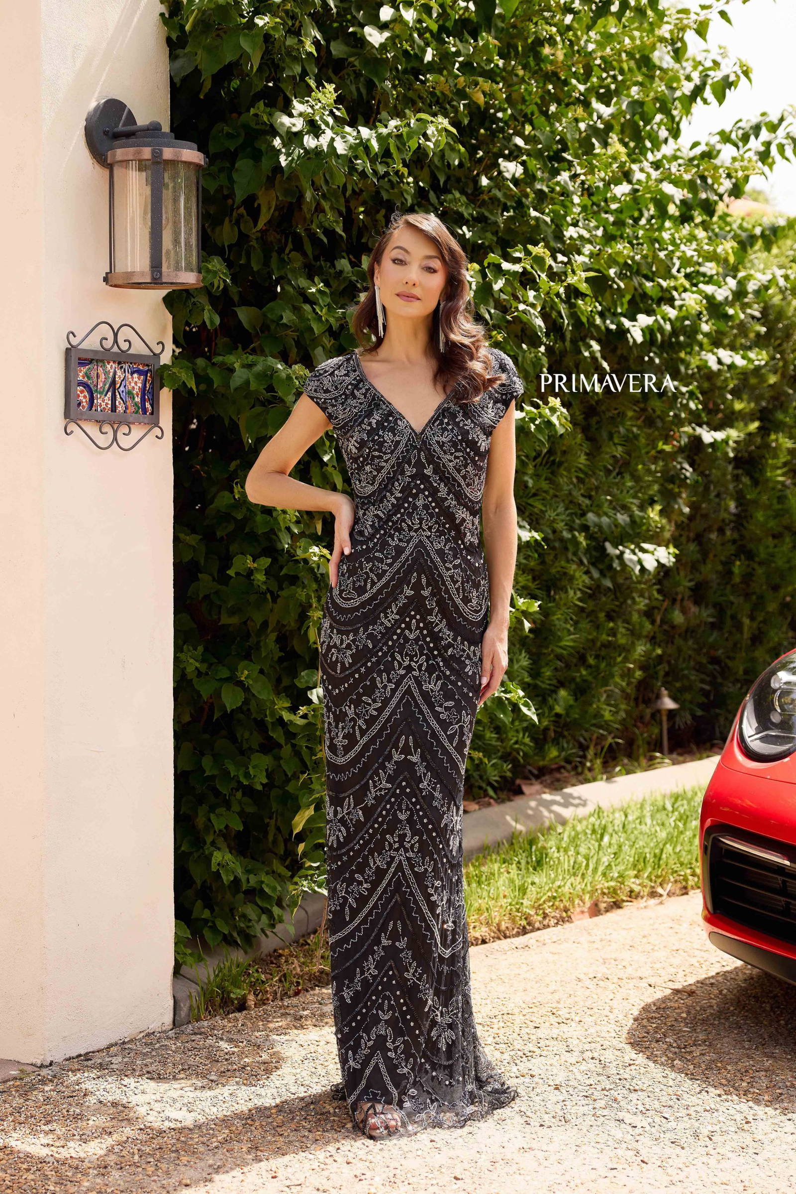 Primavera Couture -13138 V-Neck Beaded Evening Gown