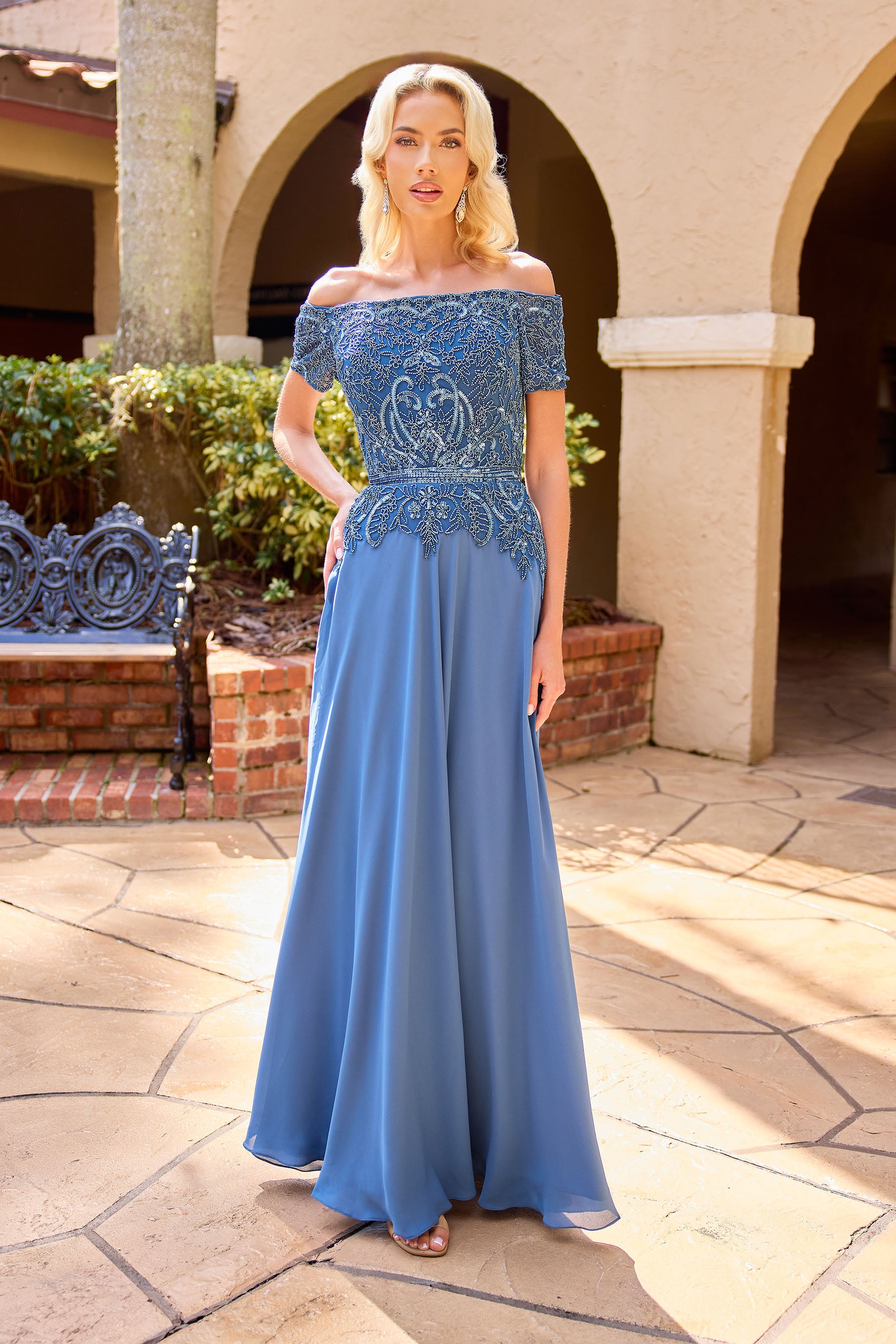 Primavera Couture -13164 A line gown with Sequin and beaded work.