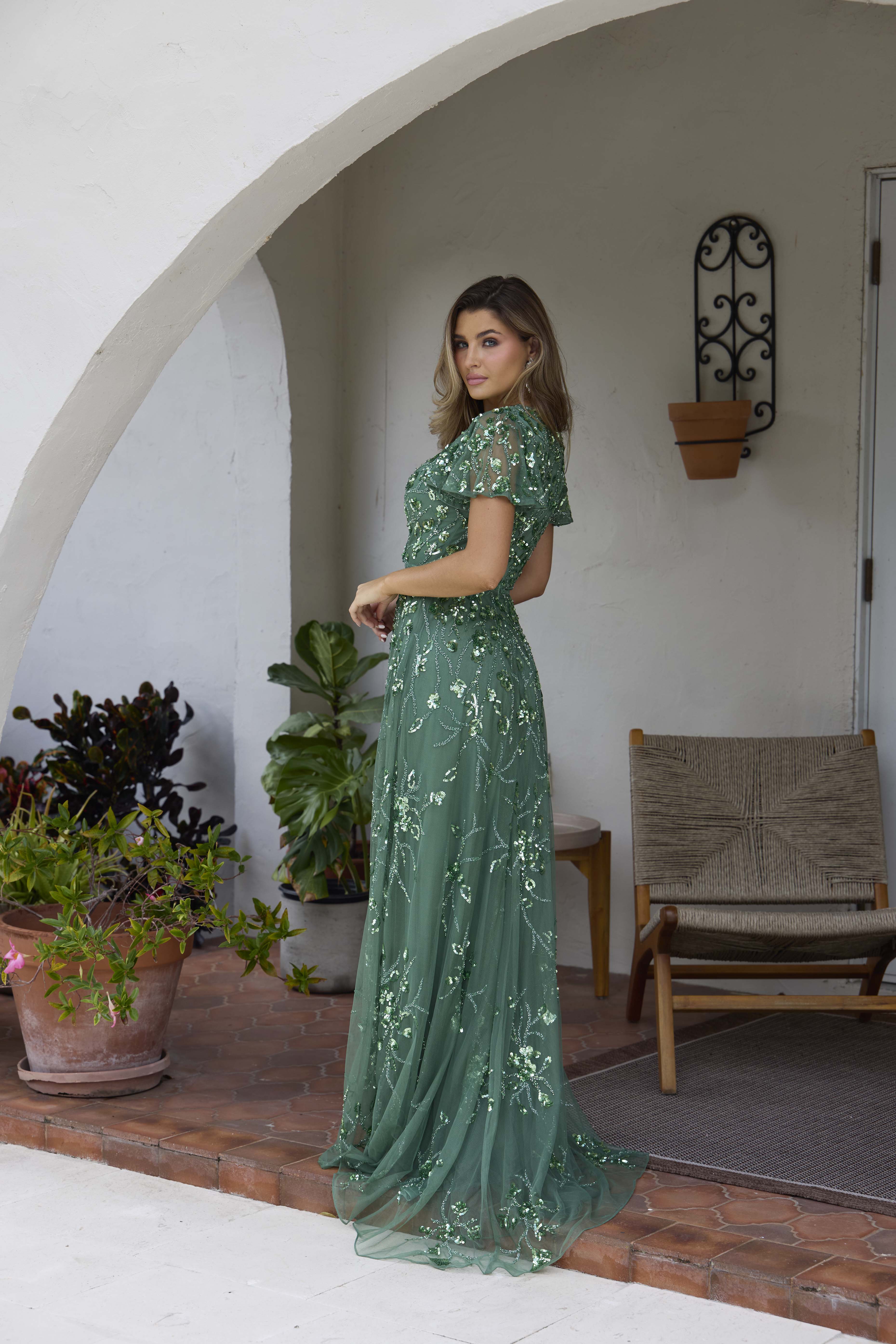 Primavera Couture -13185 Sequins and beaded gown with plunging deep V neckline neck