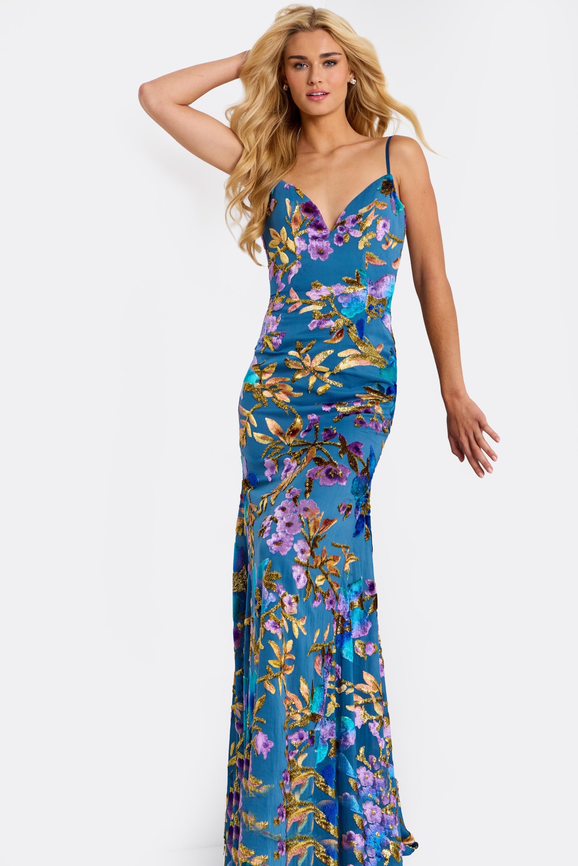 Jovani -47655 Sequin Floral Deep V-Neck Sheath Gown
