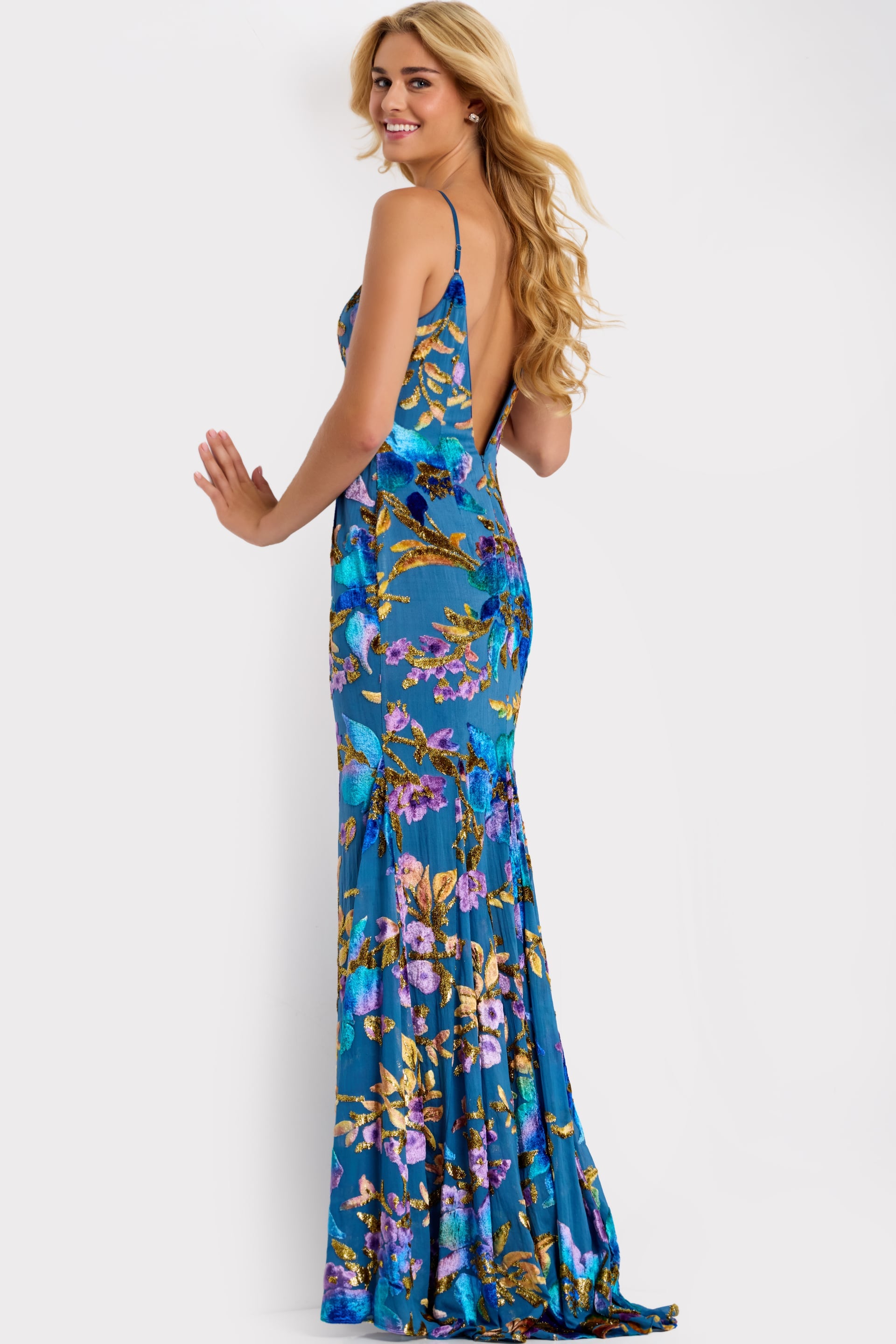 Jovani -47655 Sequin Floral Deep V-Neck Sheath Gown