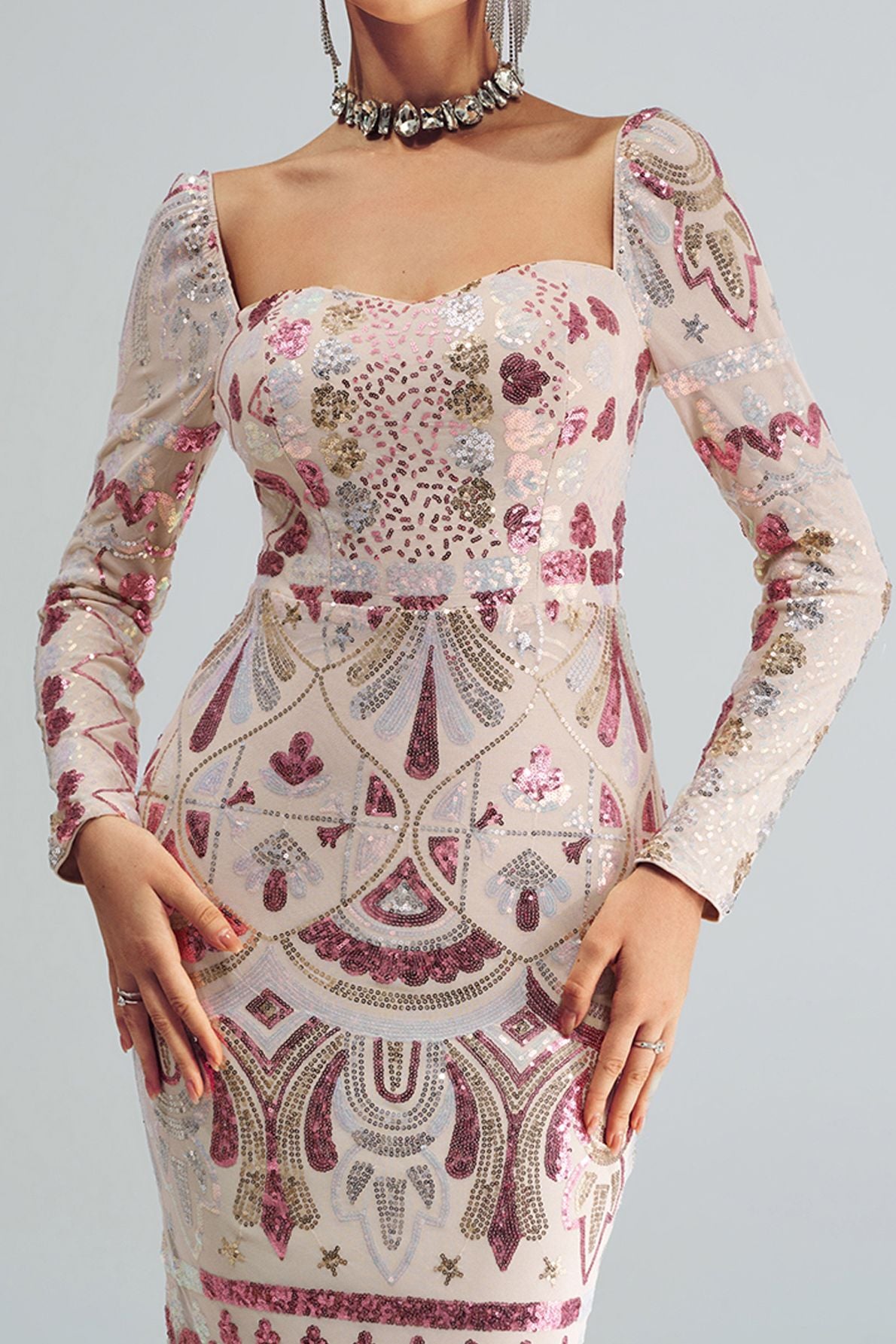 Azina -RM20830 Square Neck Long Sleeve Sequin Dress