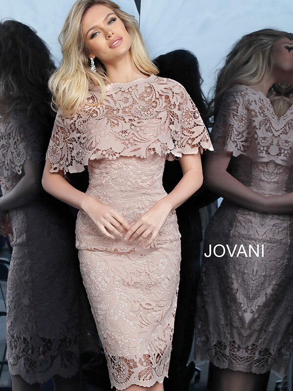 Jovani -1401 Lace Applique Capelet Short Sheath Dress