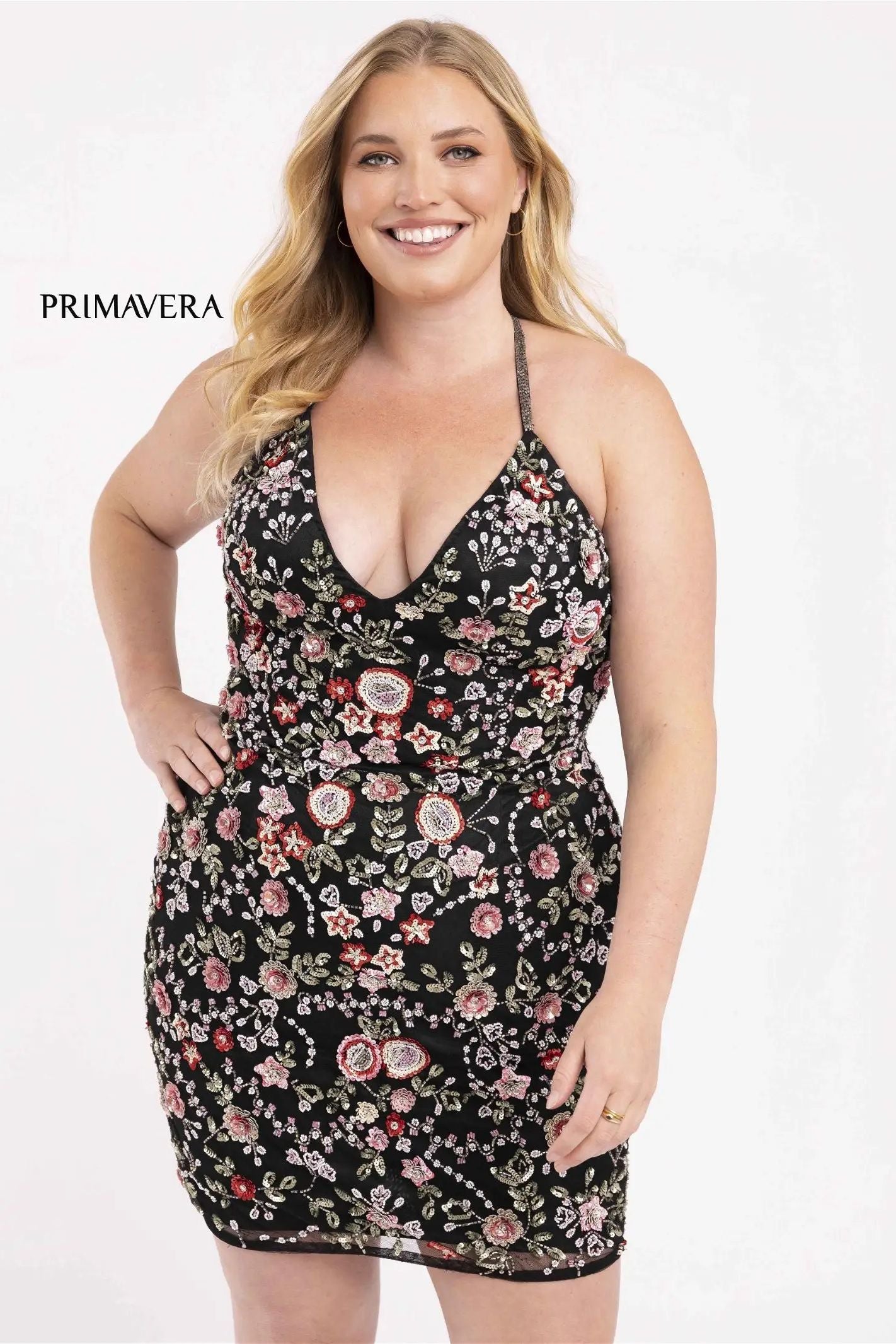 Primavera Couture -14034 Curved Floral Beaded Short HomeComing Dress