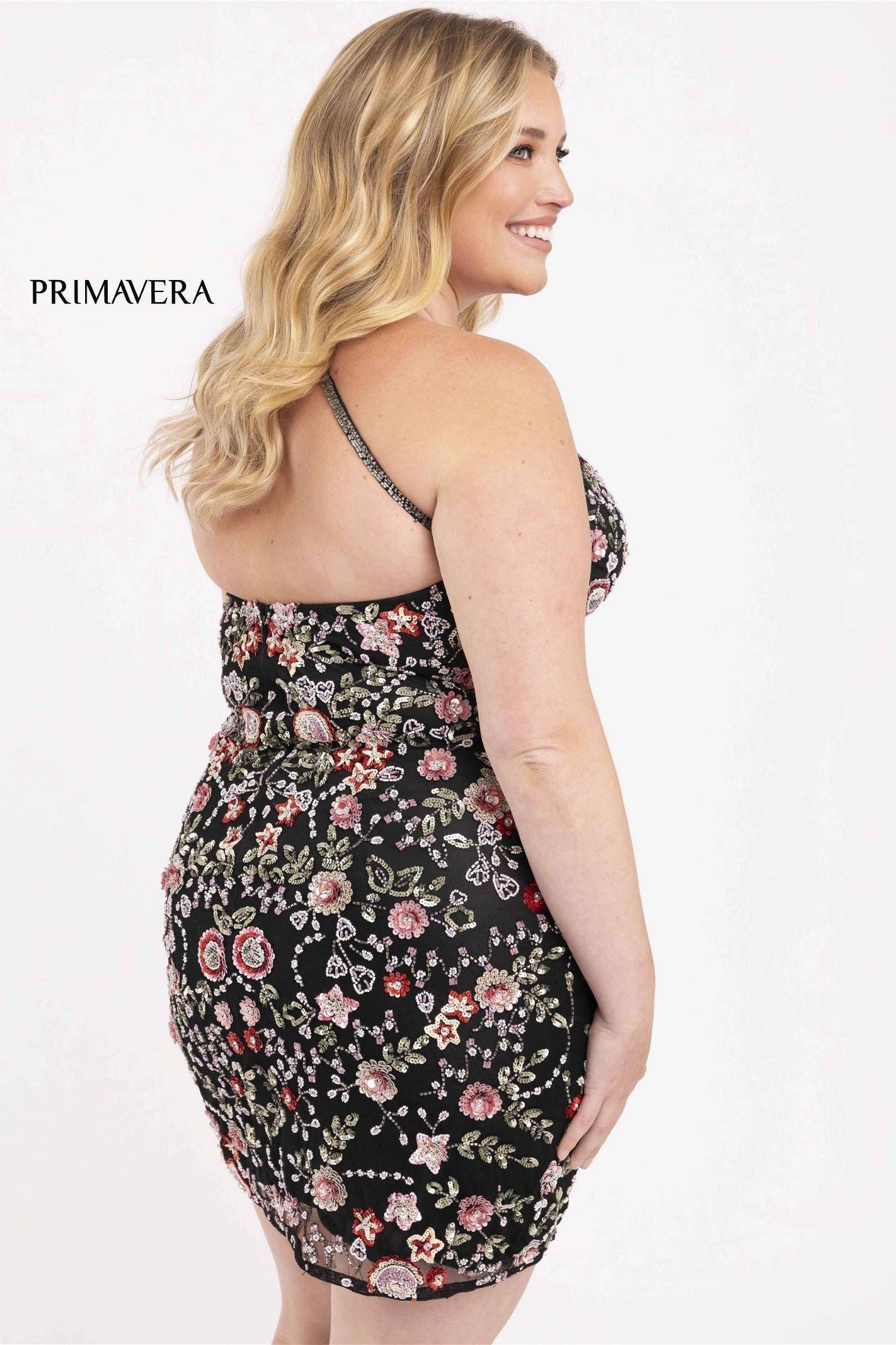 Primavera Couture -14034 Curved Floral Beaded Short HomeComing Dress