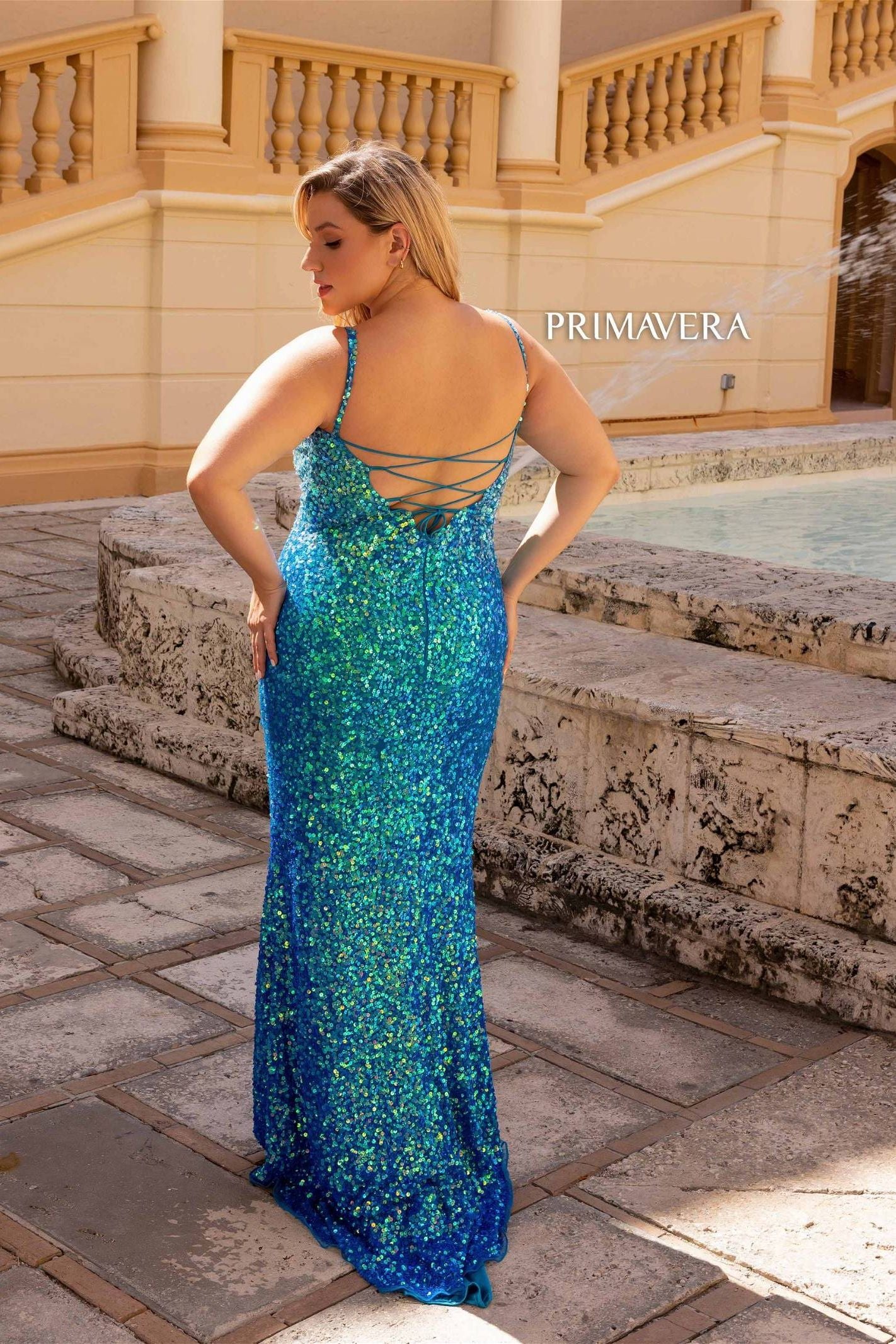 Primavera Couture -14042 Curved Scoop Sequin Prom Dress