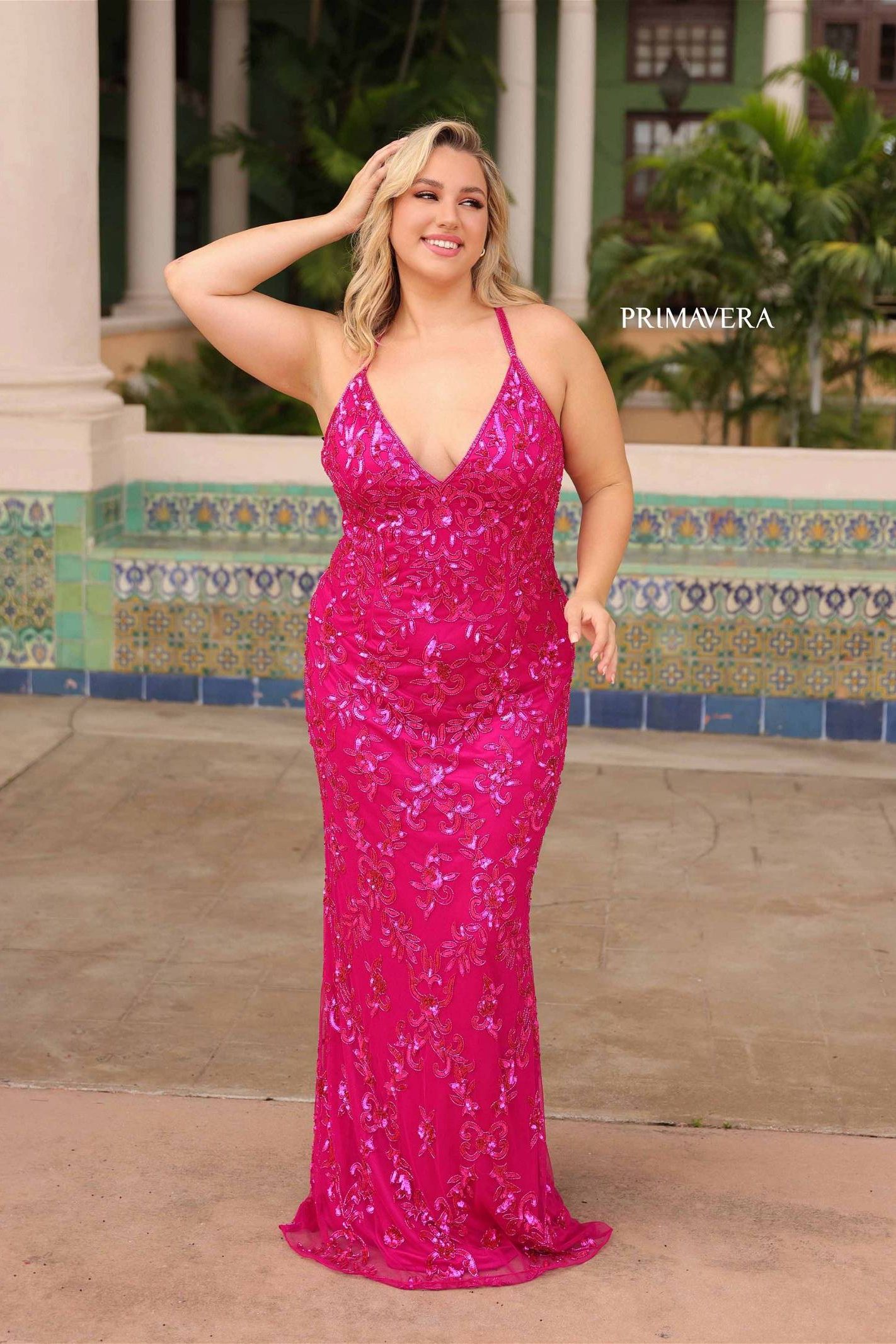 Primavera Couture -14043 Curved V- Neck Prom Sequin Sheath Dress