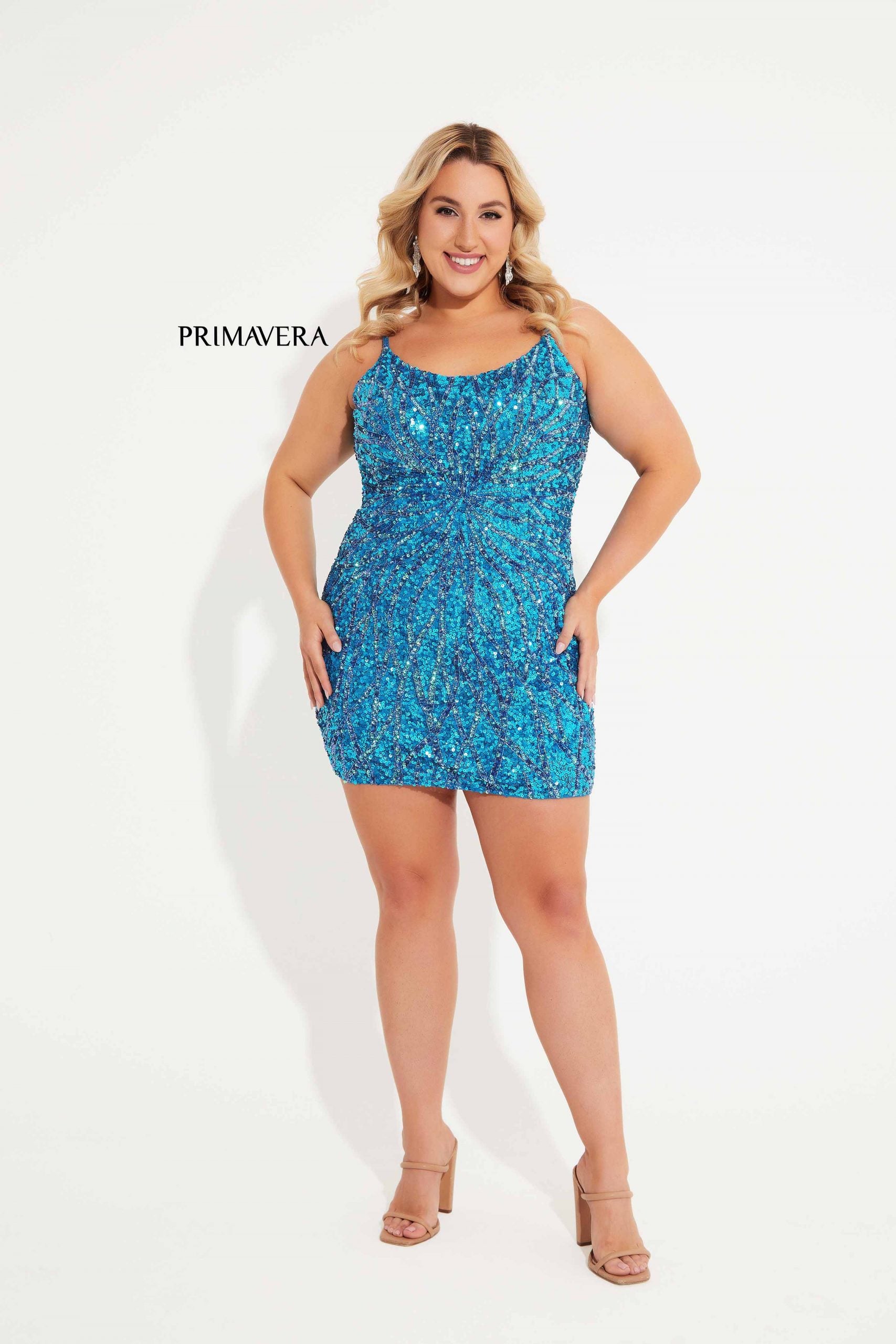 Primavera Couture -14061 Scoop Neck Beaded Short Curved Dress