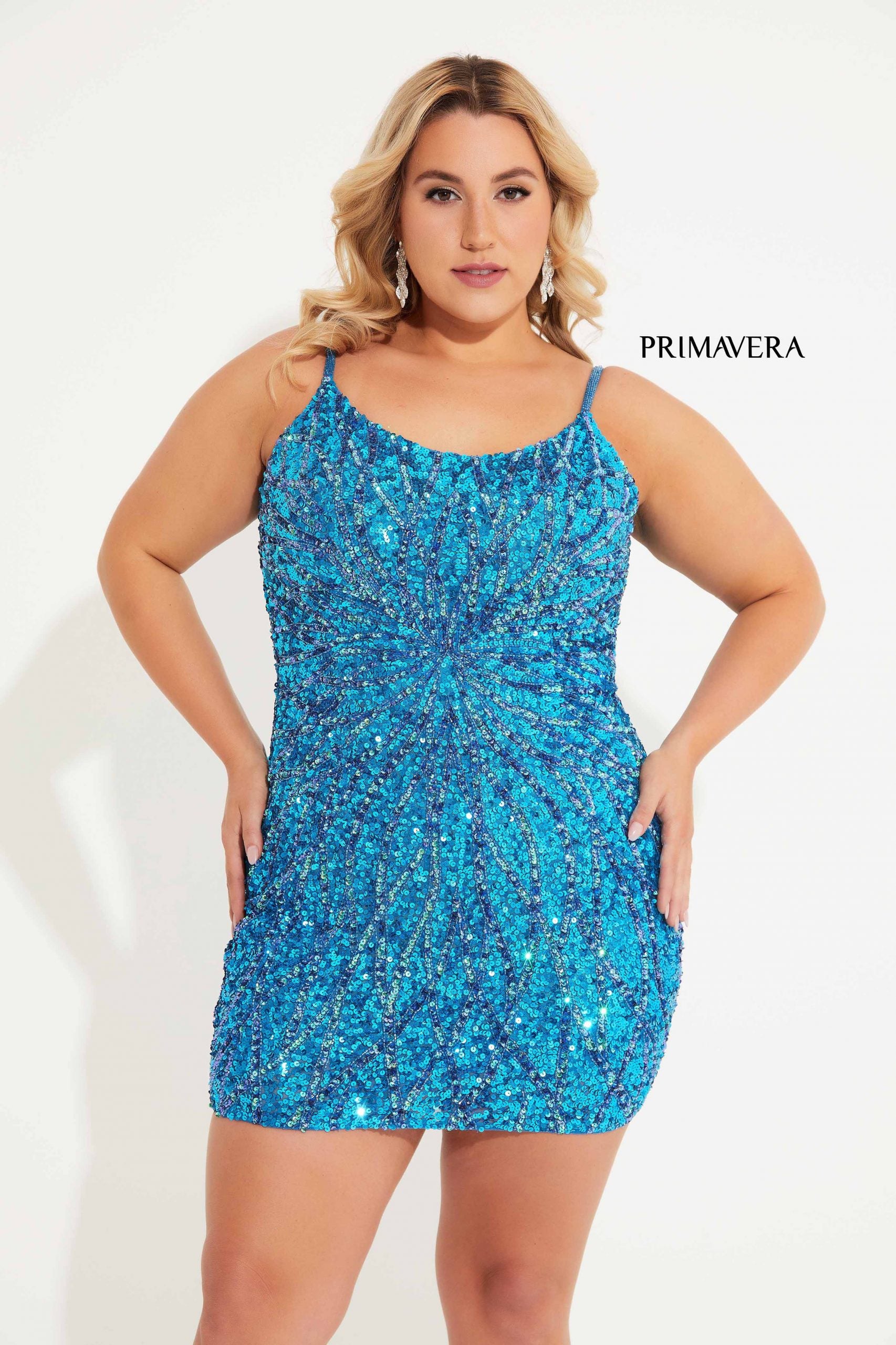 Primavera Couture -14061 Scoop Neck Beaded Short Curved Dress