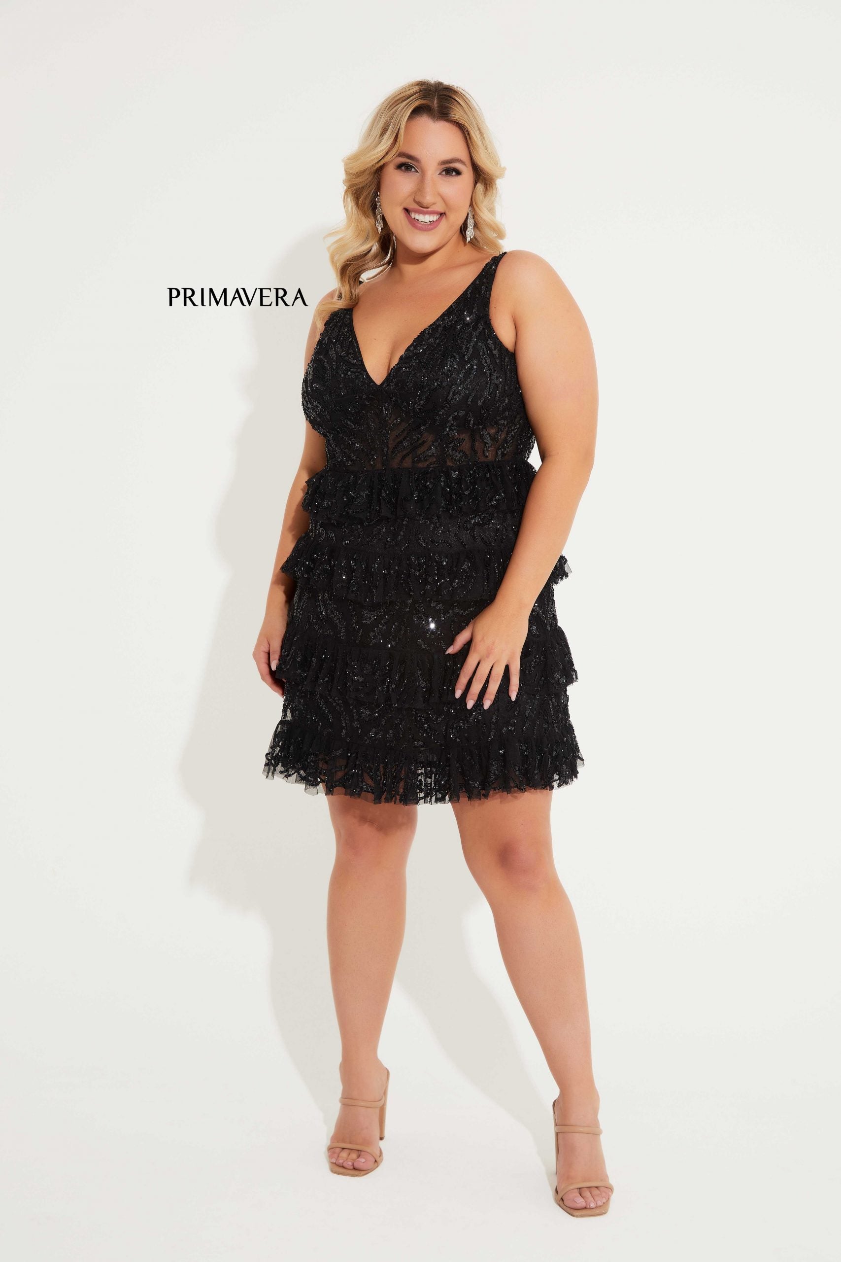 Primavera Couture -14063 V-Neck Sequin Layered Cocktail Dress