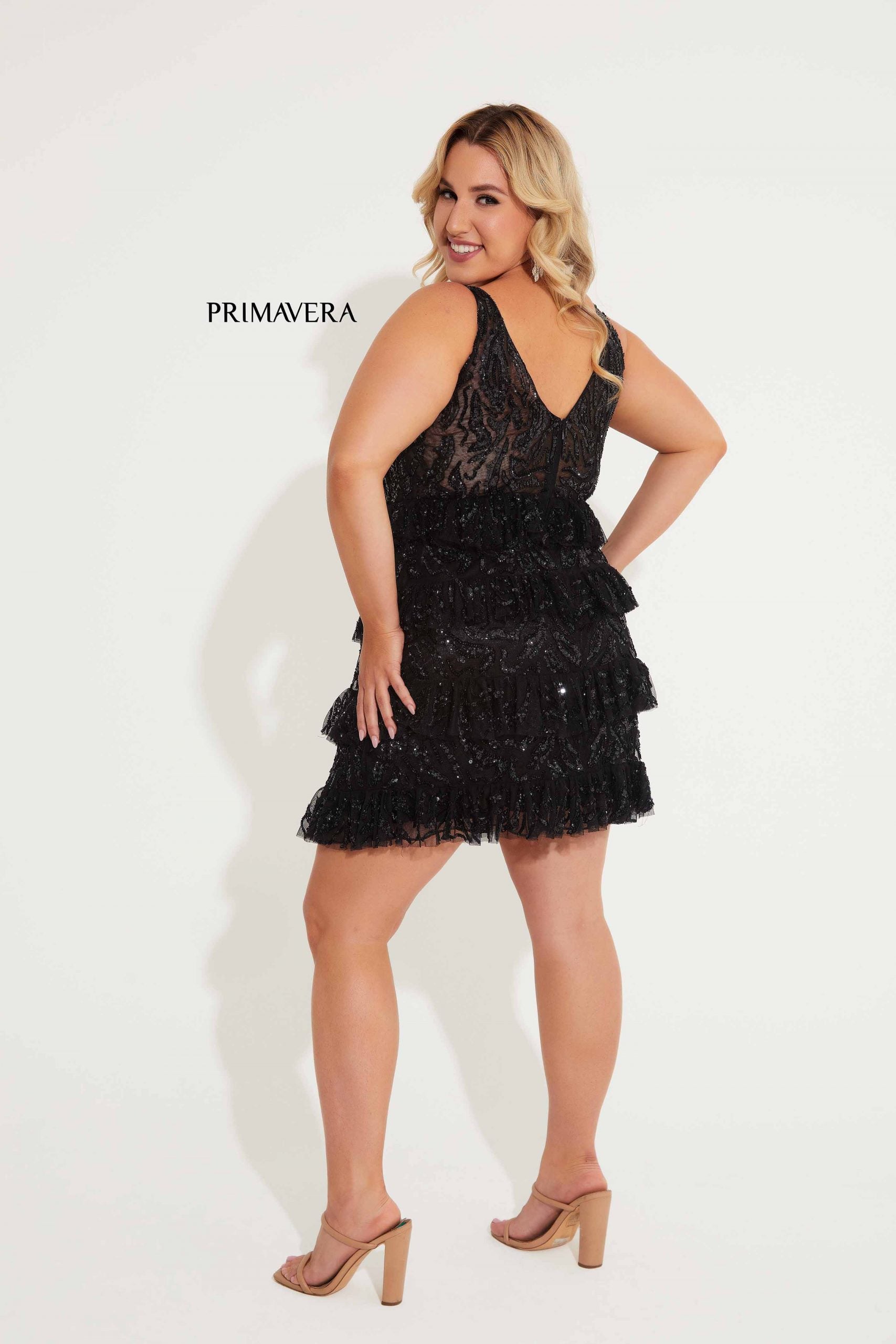 Primavera Couture -14063 V-Neck Sequin Layered Cocktail Dress