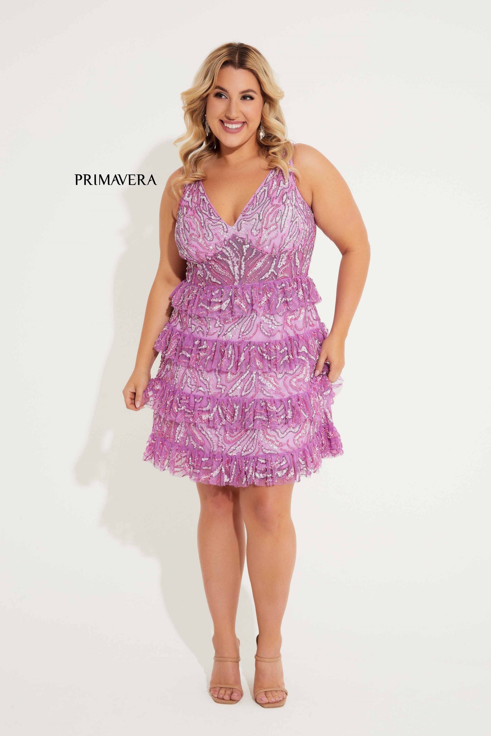 Primavera Couture -14063 V-Neck Sequin Layered Cocktail Dress