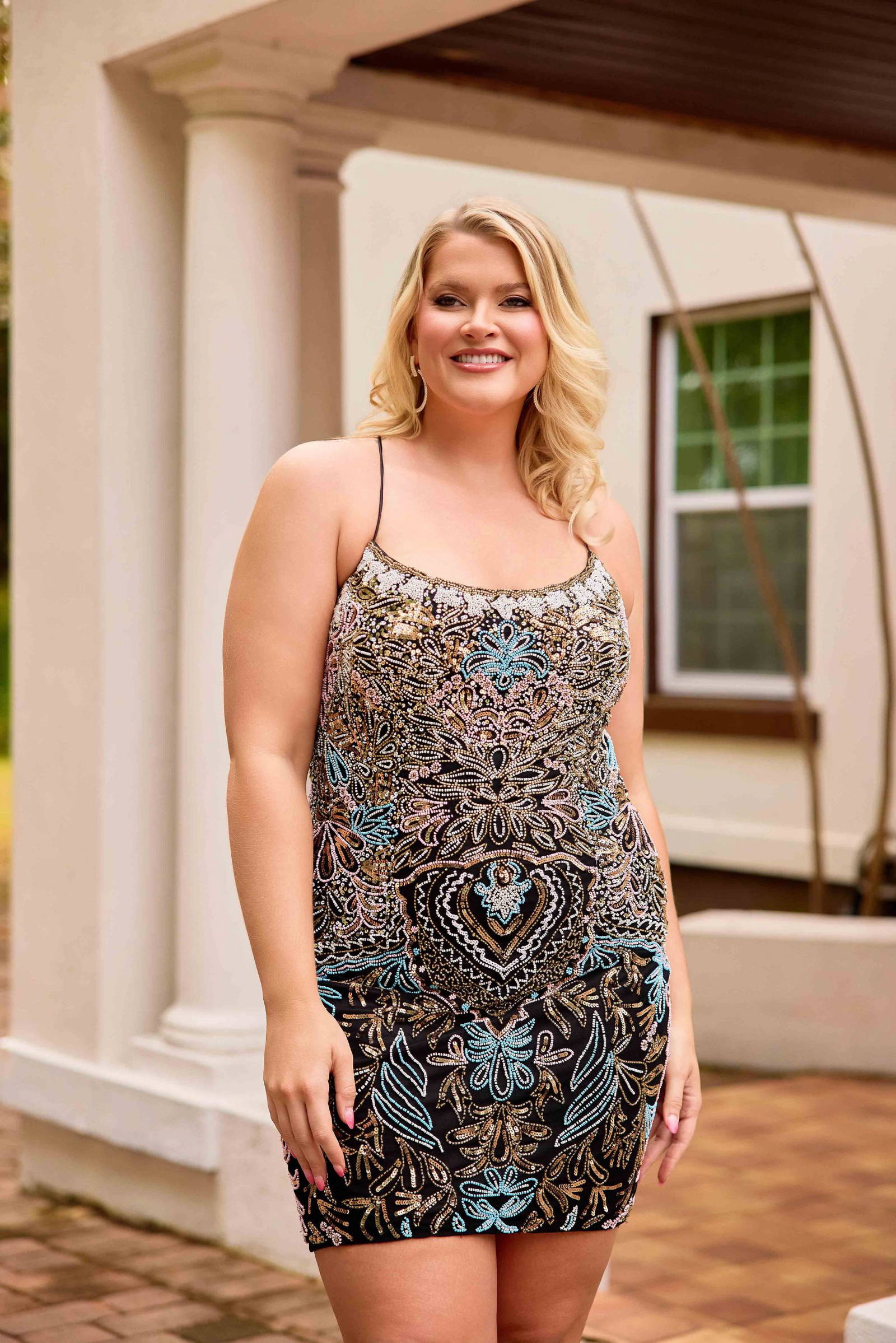 Primavera Couture -14090 Sheath Mini Short Dress With Colorful Beading Scoop Neck