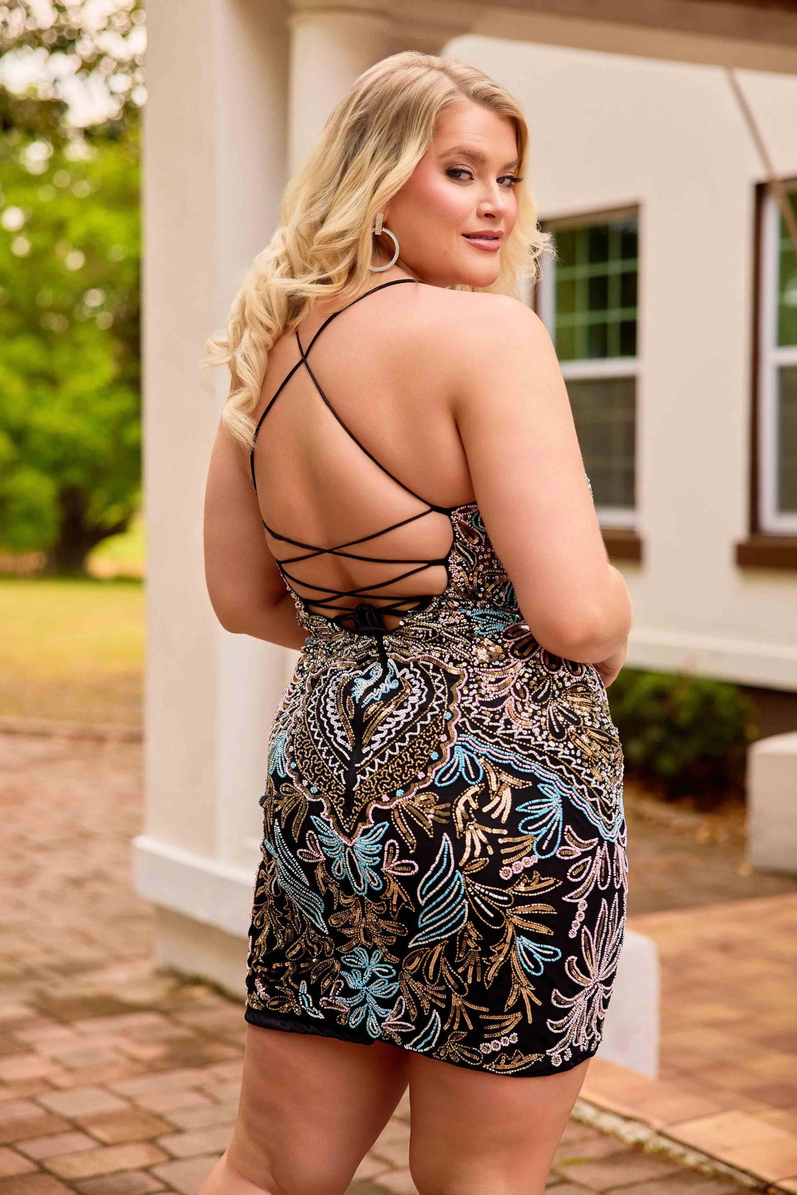 Primavera Couture -14090 Sheath Mini Short Dress With Colorful Beading Scoop Neck