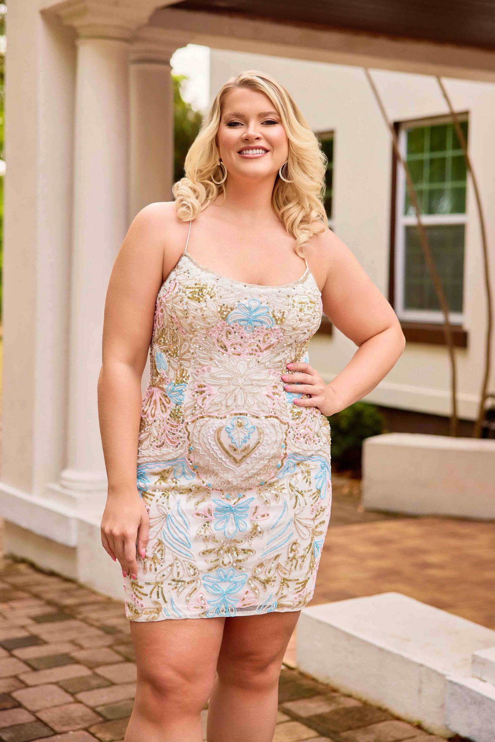 Primavera Couture -14090 Sheath Mini Short Dress With Colorful Beading Scoop Neck