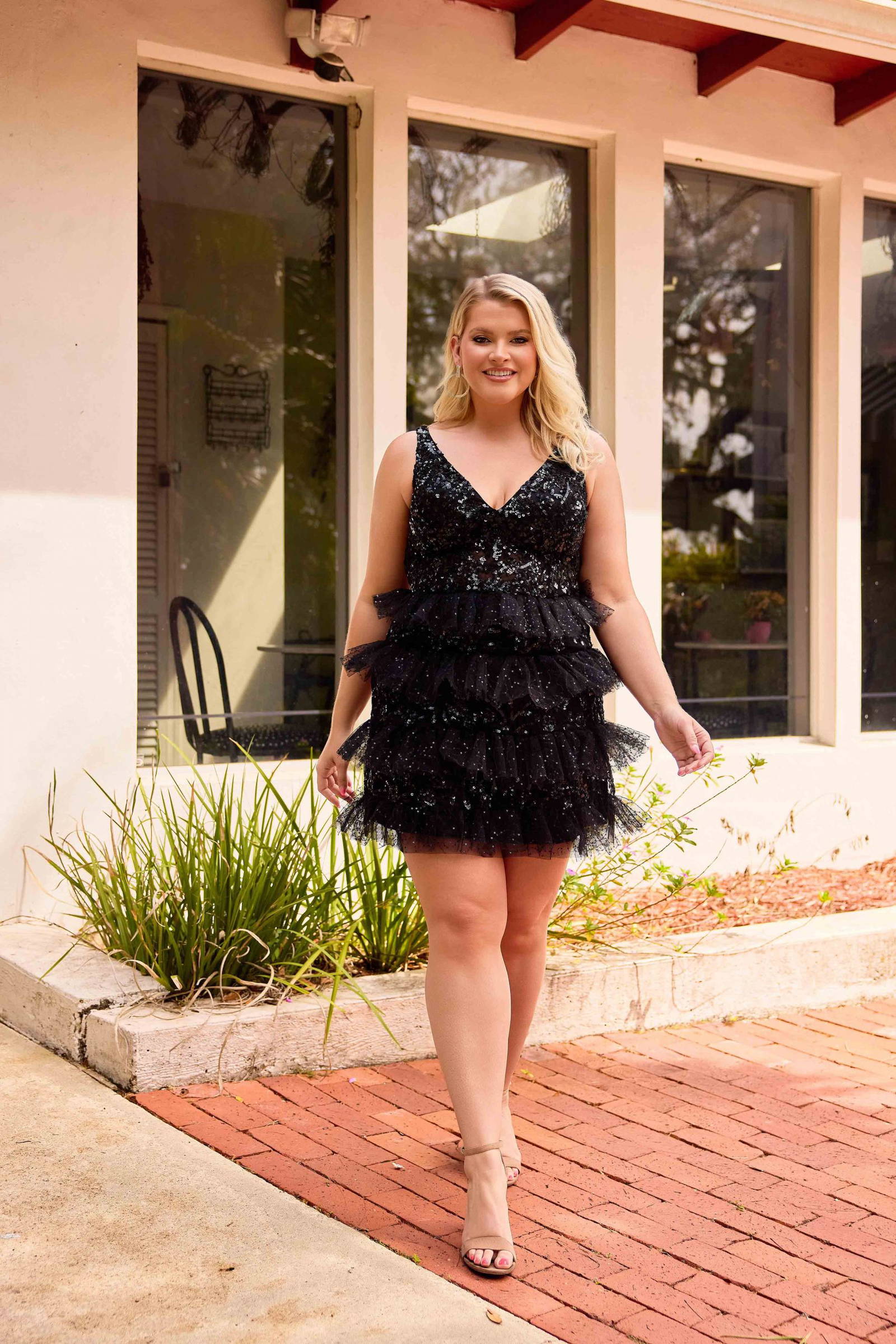 Primavera Couture -14092 Tiered Sequin Sleeveless  V-Neckline Ruffled Short Dress