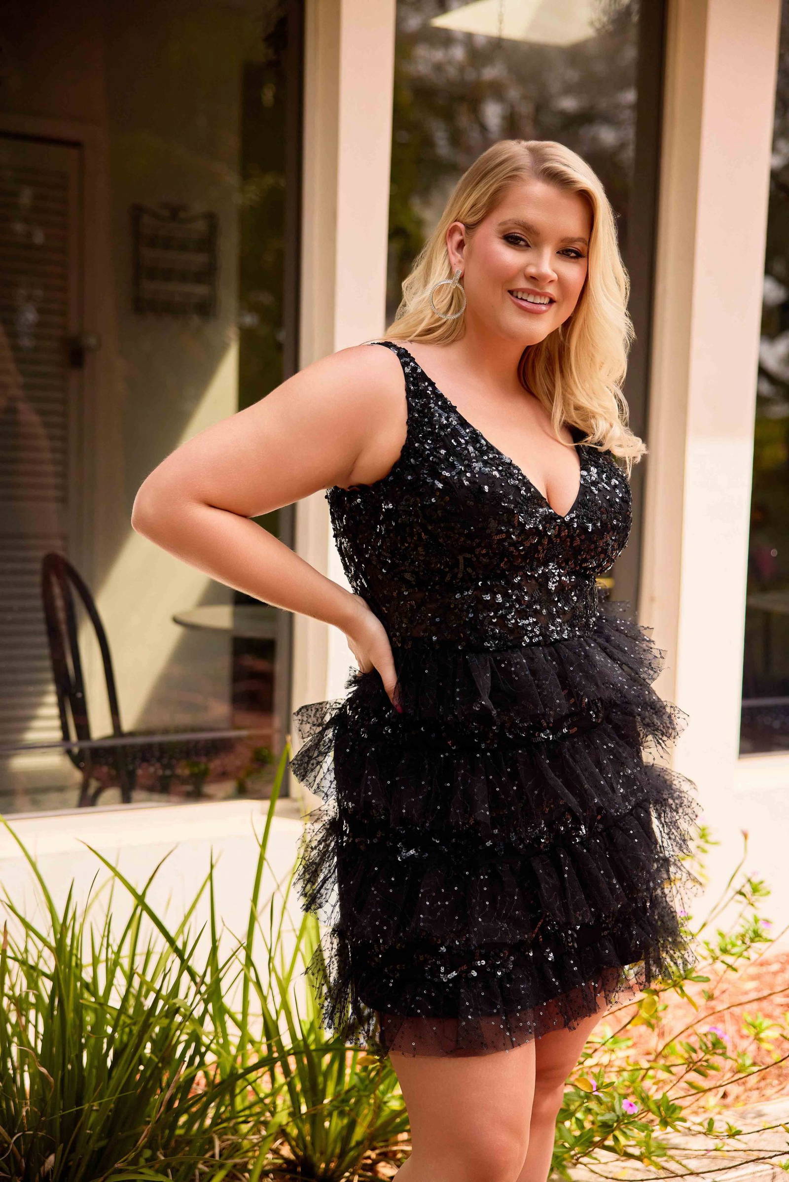 Primavera Couture -14092 Tiered Sequin Sleeveless  V-Neckline Ruffled Short Dress