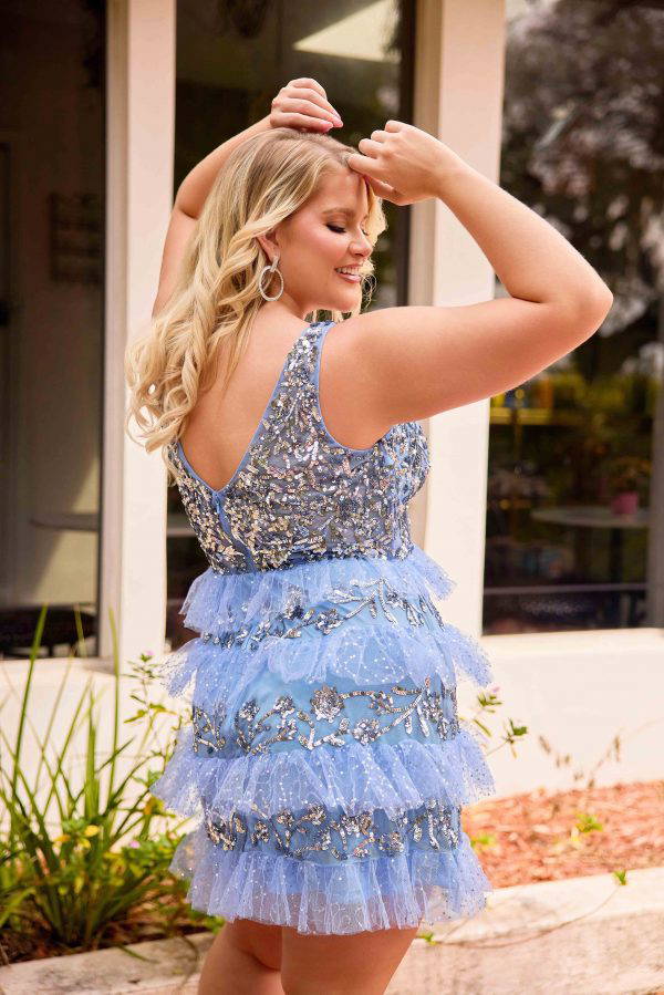 Primavera Couture -14092 Tiered Sequin Sleeveless  V-Neckline Ruffled Short Dress