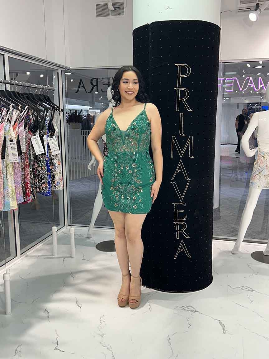 Primavera Couture -14095 Floral Beaded V-Neckline Short Dress