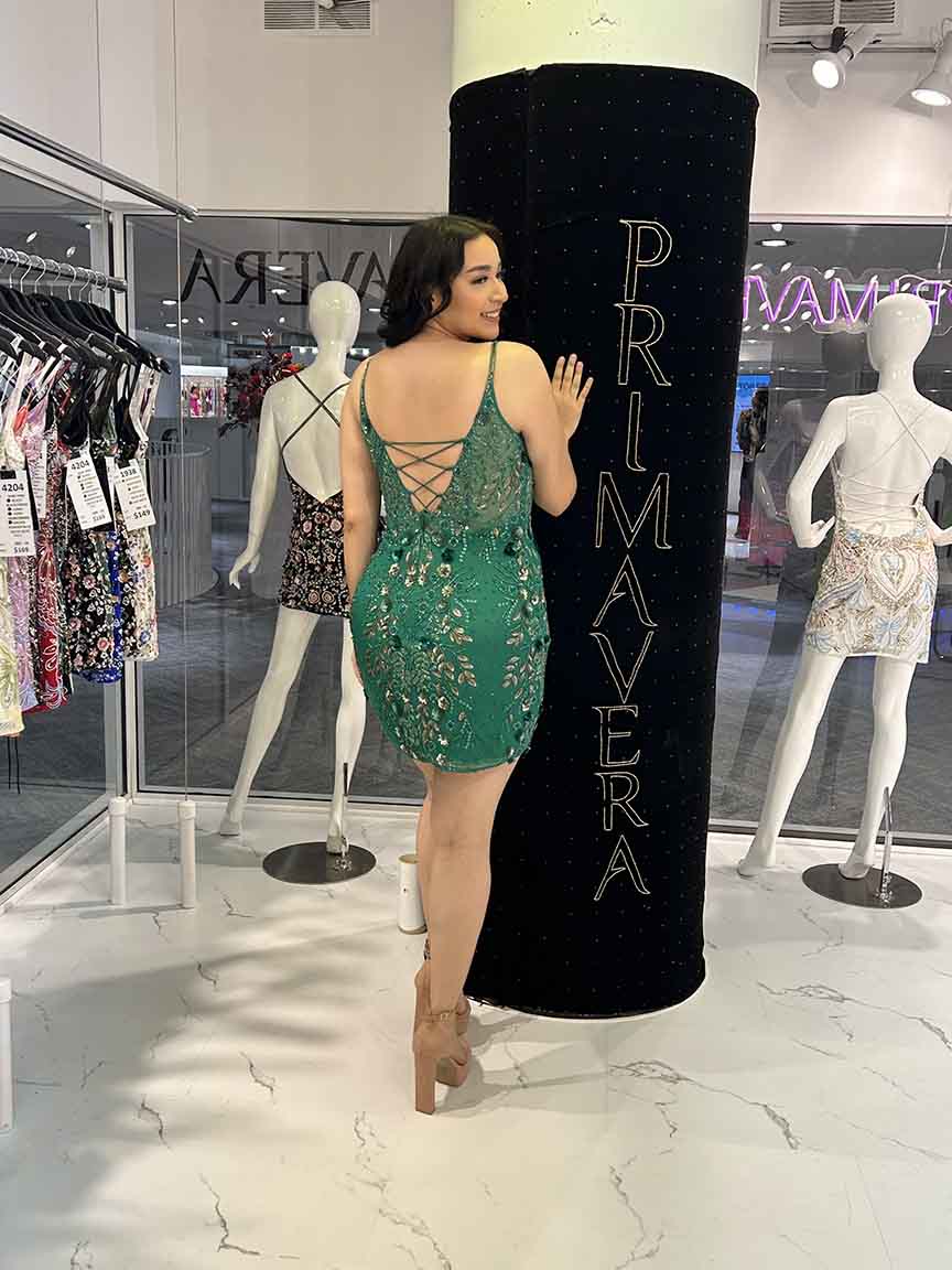 Primavera Couture -14095 Floral Beaded V-Neckline Short Dress
