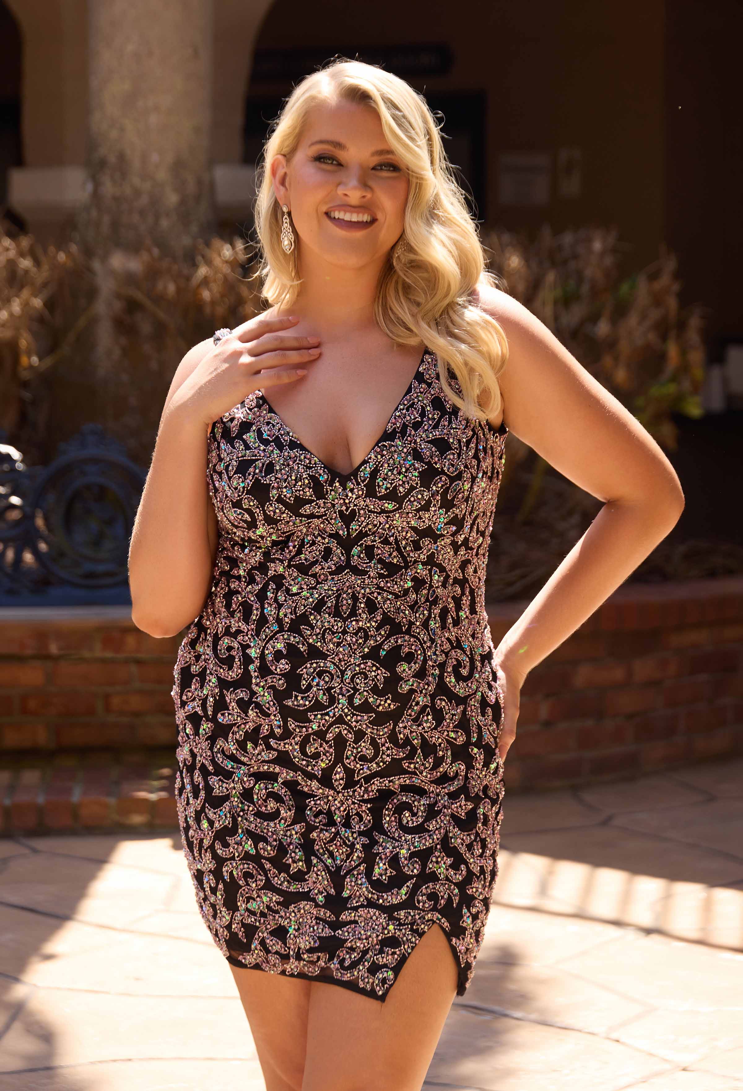 Primavera Couture -14117 Crystal Embellished Cocktail Dress With Intricate Floral and Vine Pattern