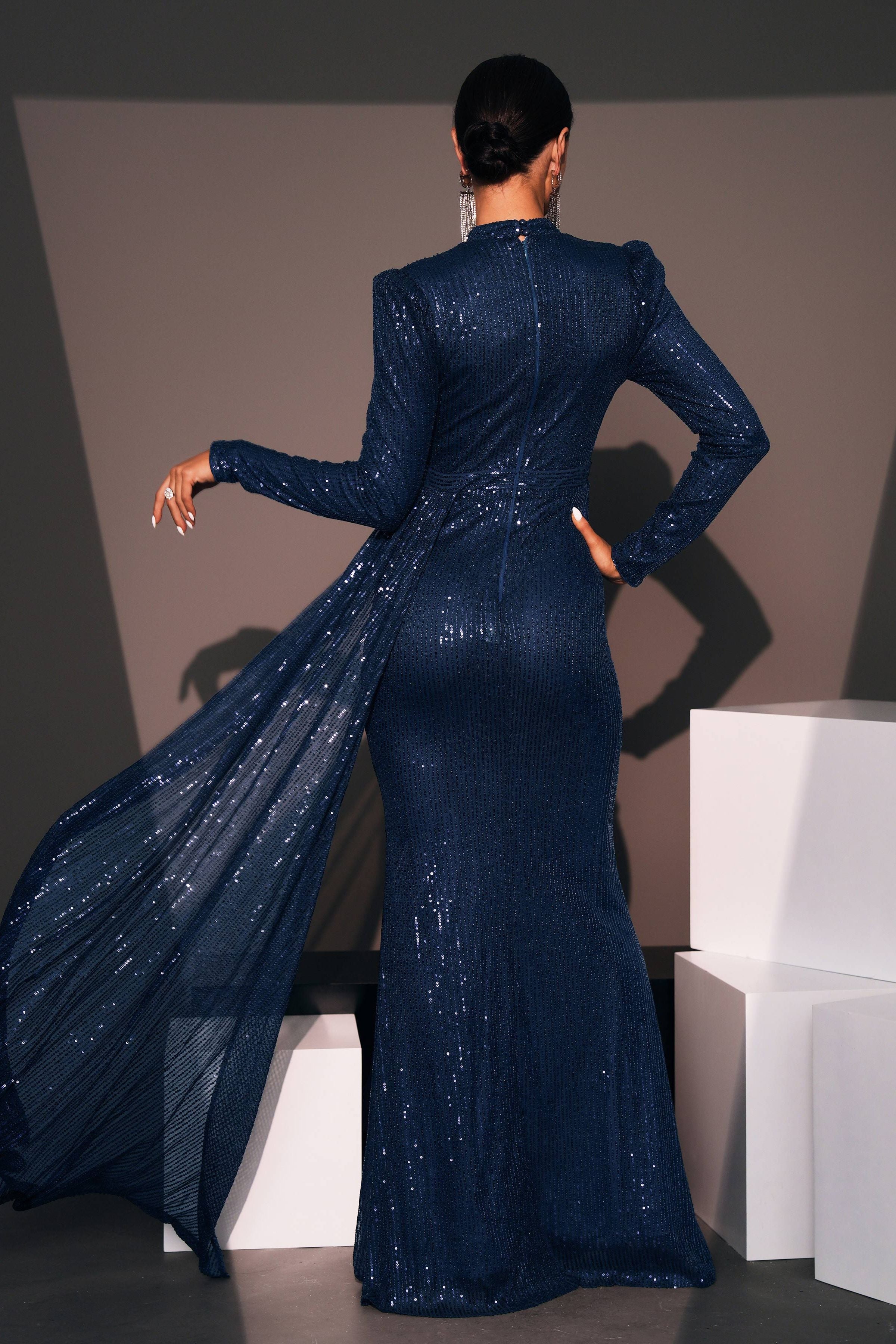 Azina -RJ11834 Long Sleeve Round Neck Sequined Dress