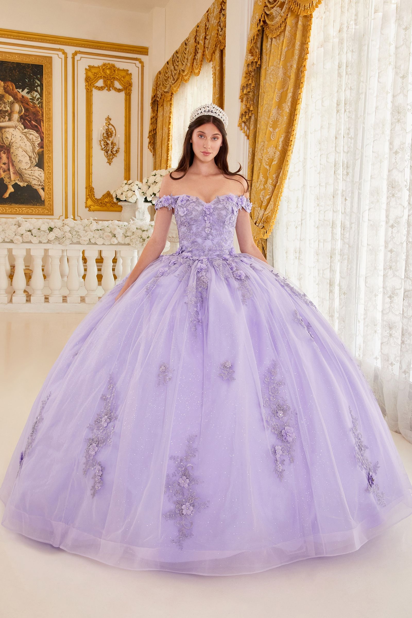 Off The Shoulder Floral Quince Ball Gown By Cinderella Divine -15702