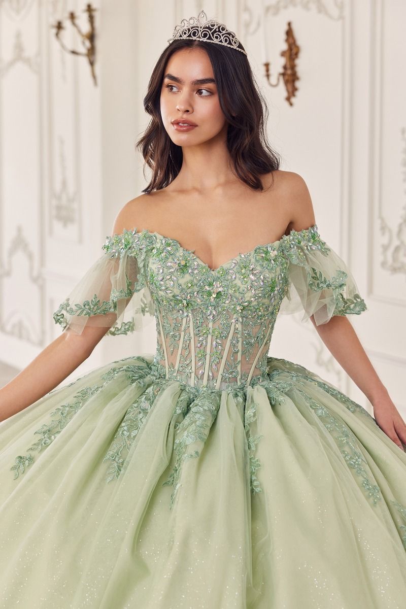 Cinderella Divine -15725 Off Shoulder Floral Applique Quinceanera Ball Gown