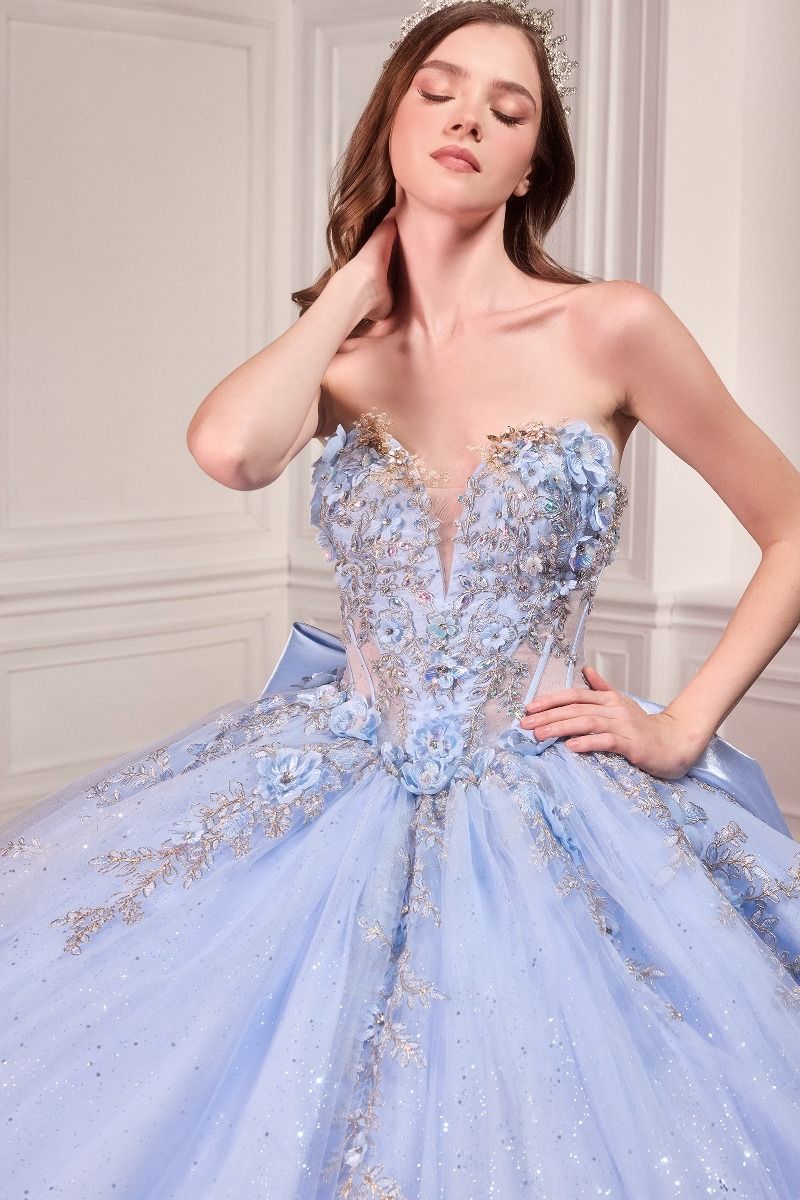 Cinderella Divine -15726 Ball gown with strapless sweetheart neckline and sheer corset bodice adorned with sparkling floral applique.
