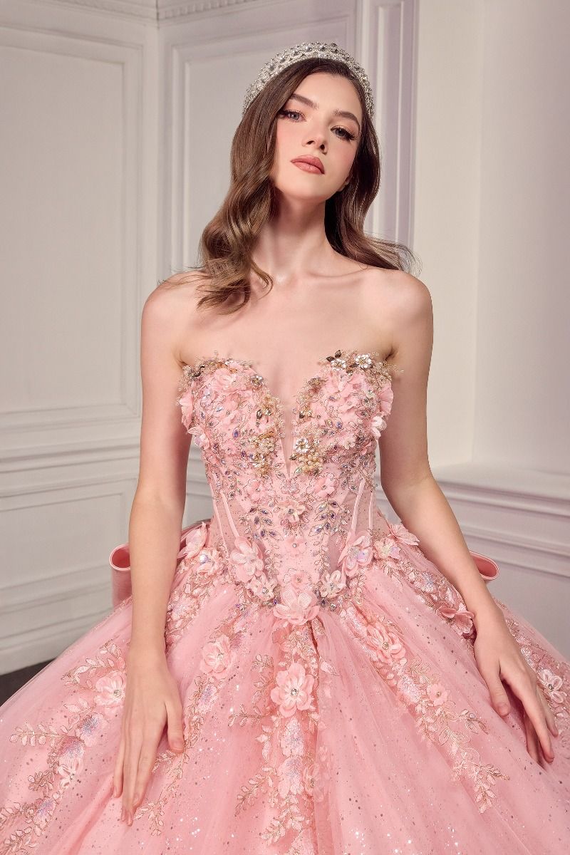 Cinderella Divine -15726 Ball gown with strapless sweetheart neckline and sheer corset bodice adorned with sparkling floral applique.