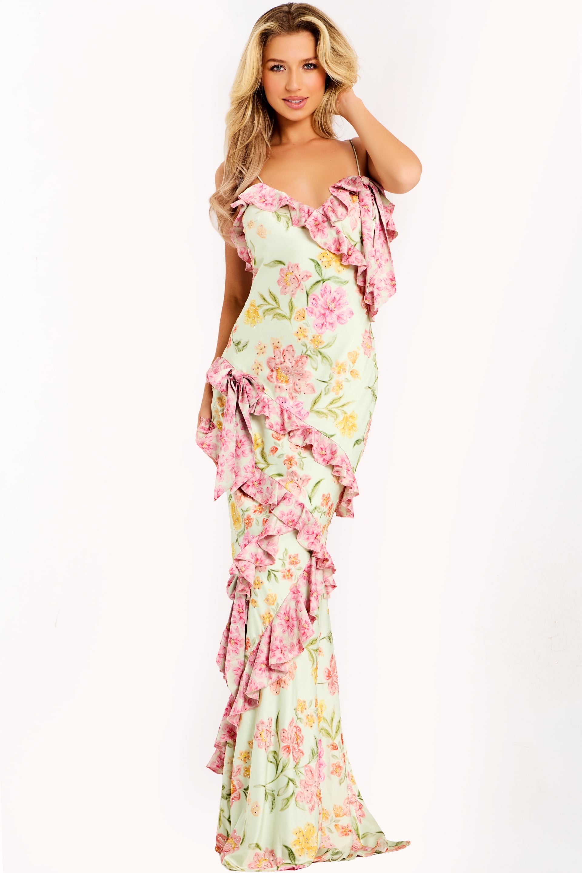 Jovani -47236 Long Ruffled V-Neckline Prom Gown