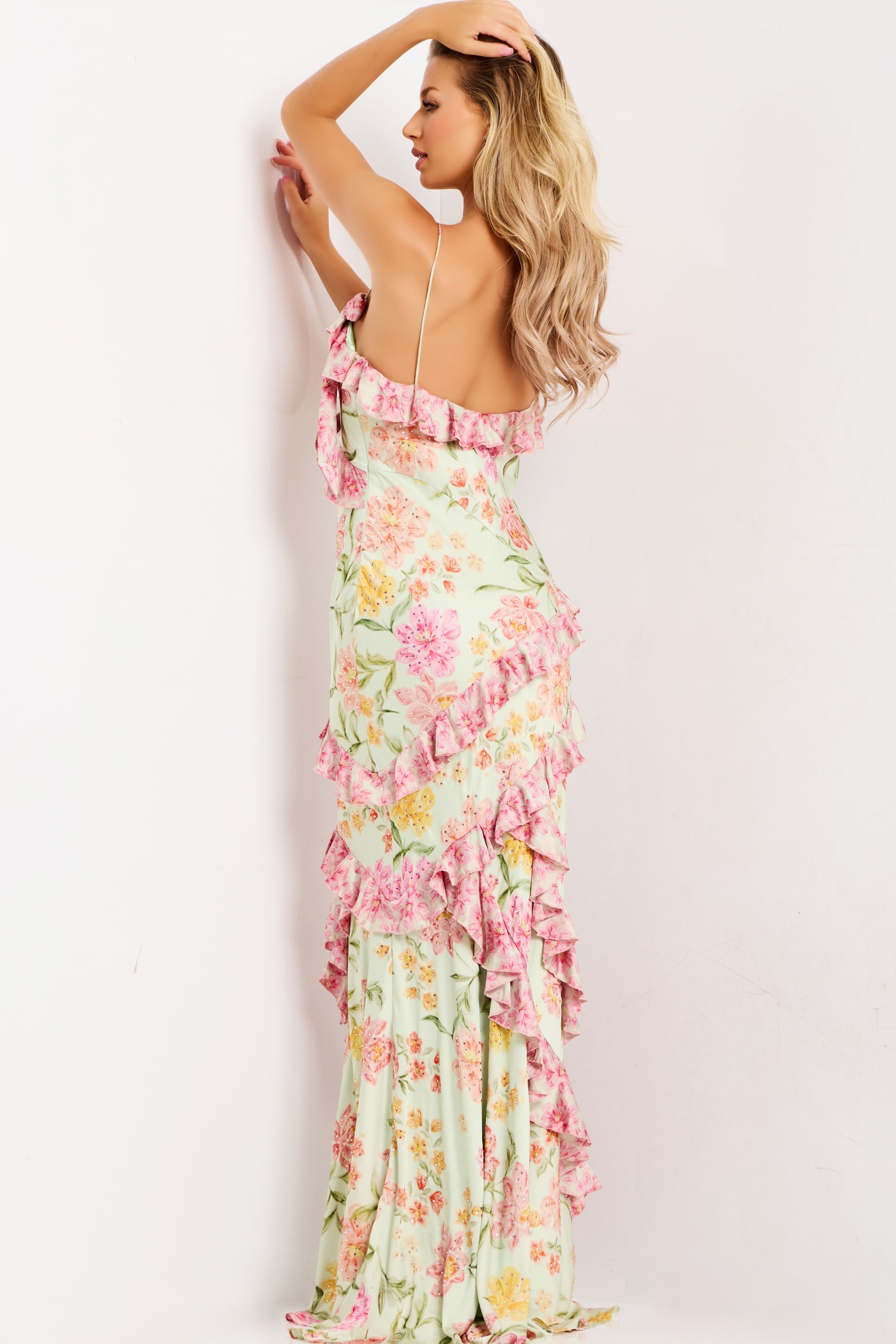 Jovani -47236 Long Ruffled V-Neckline Prom Gown