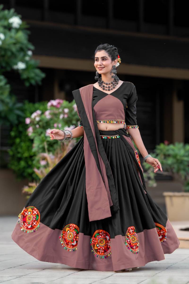 MyFashion -7066 Navratri Pure Cotton Plain Gamthi Mirror Work Lehenga Choli