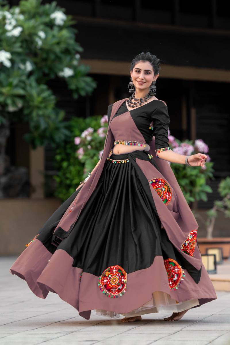 MyFashion -7066 Navratri Pure Cotton Plain Gamthi Mirror Work Lehenga Choli