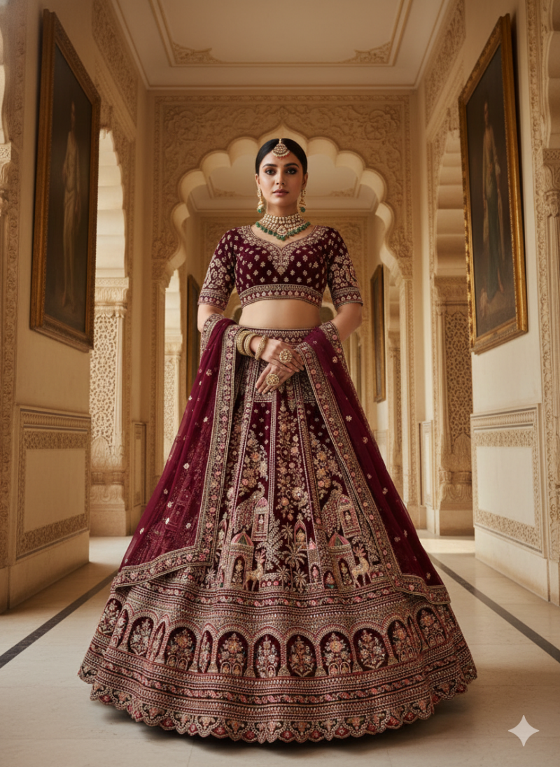 MyFashion -005 Velvet Embroidery Heavy Jharkan Worked Designer Bridal Lehenga Choli