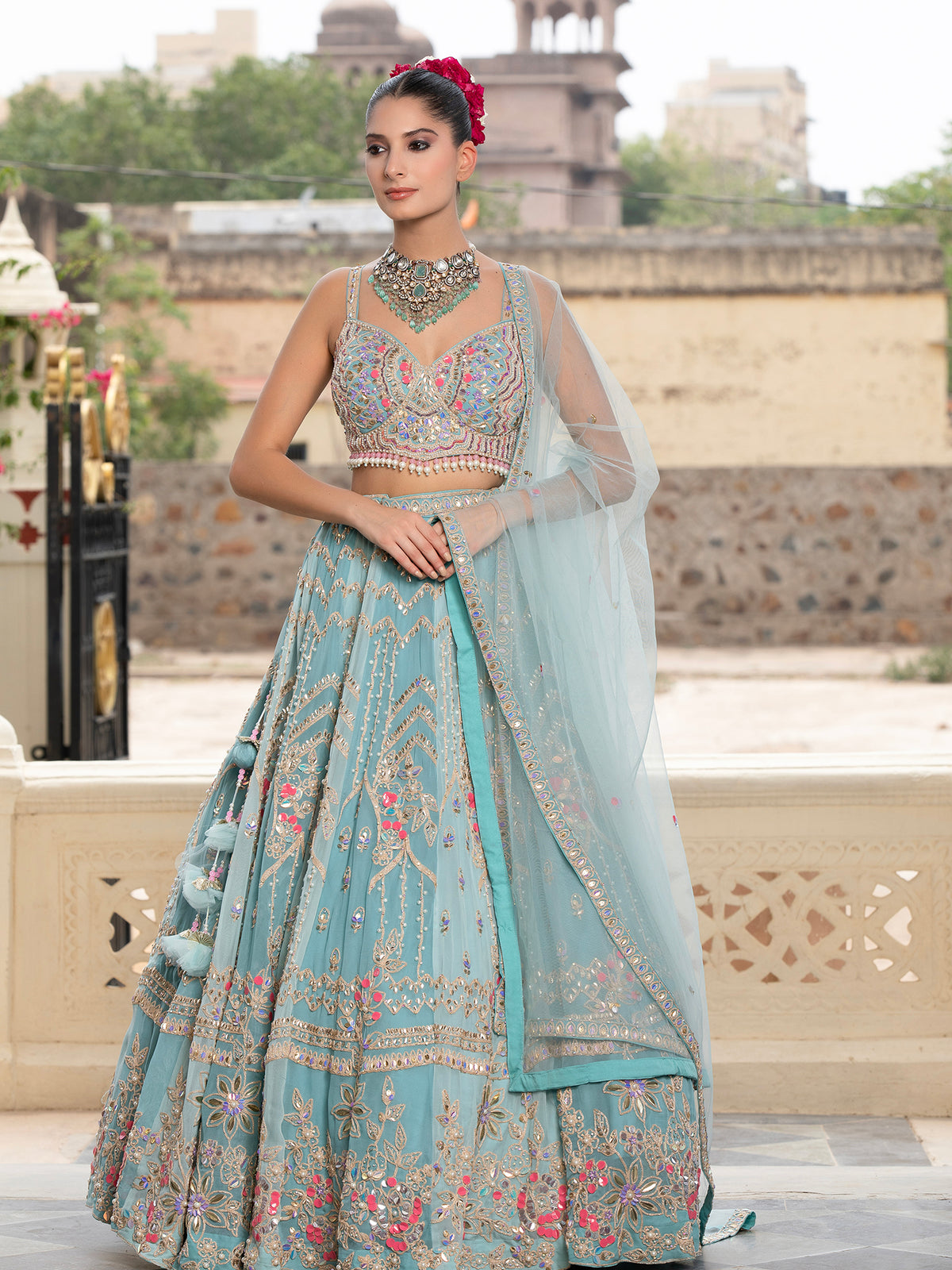 MyFashion -KLS-1493 Sky Blue Net Lehenga With Handcrafted Applique