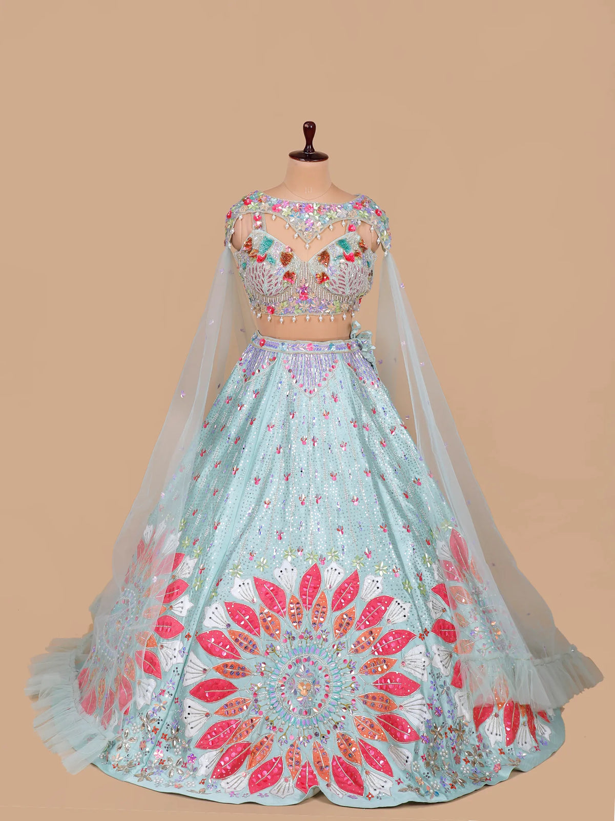 MyFashion KLS-2670 Silk Aplique Mirror Sequin Aqua Lehenga