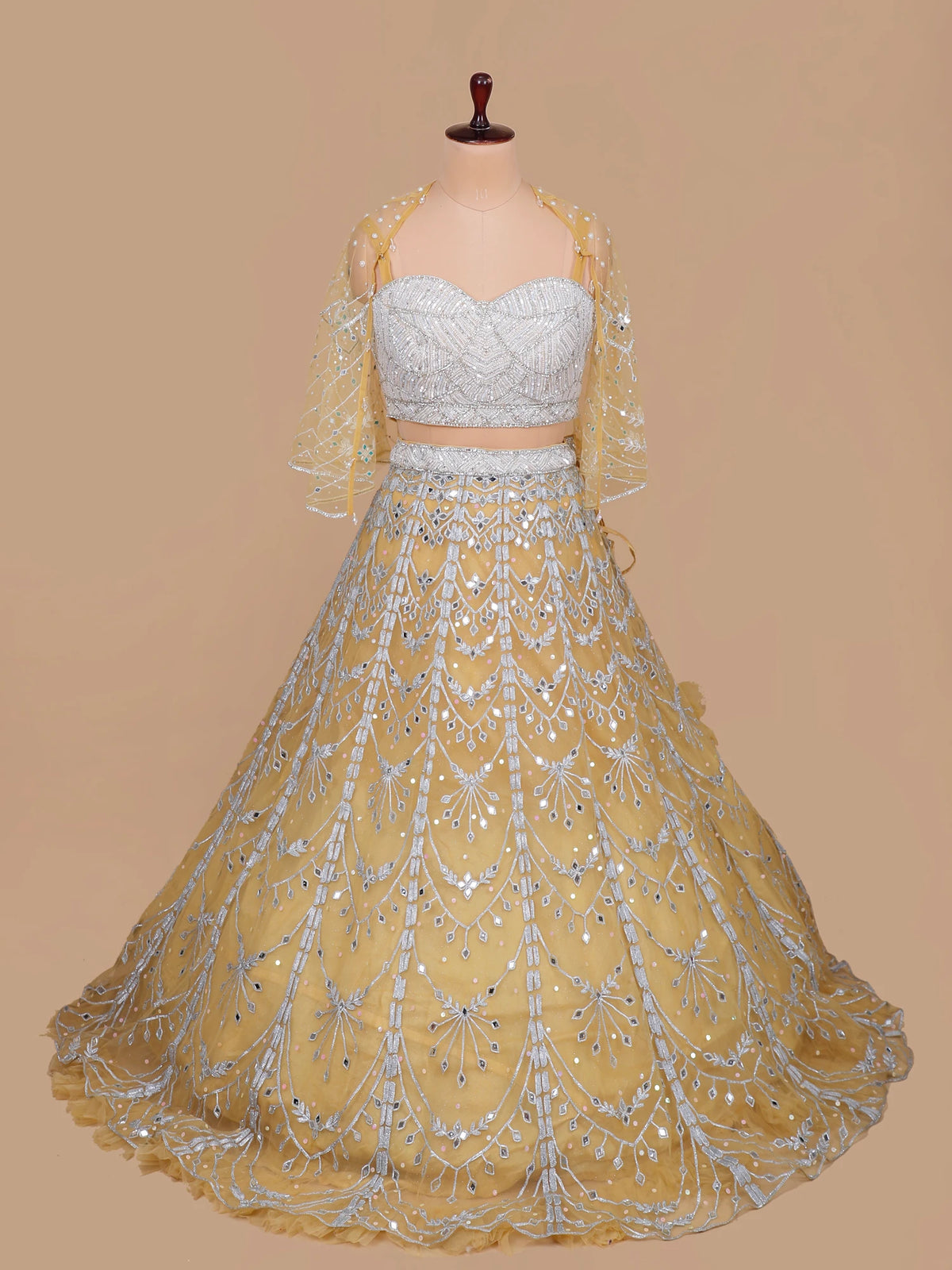 MyFashion KLS-2667 Sequin Pearl Mirror work Net Yellow Lehenga