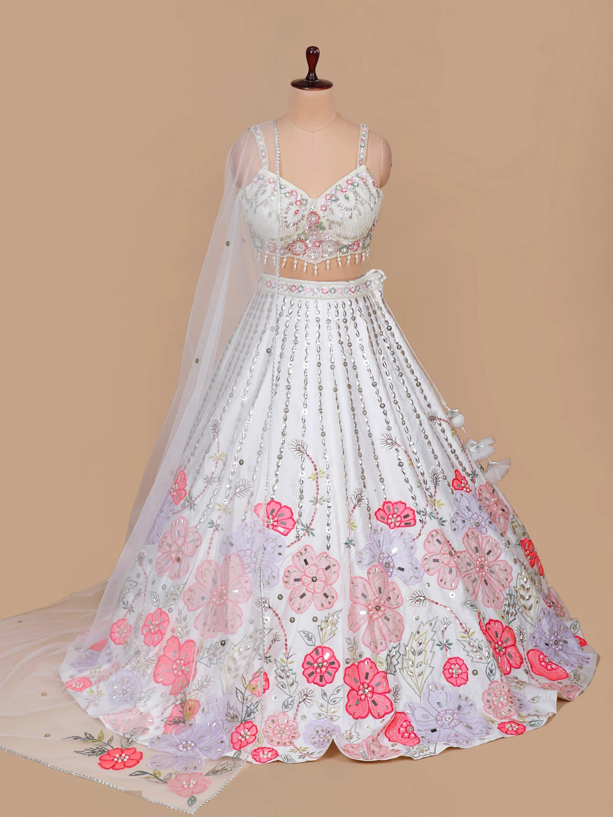 MyFashion KLS-2666 Sequin Mirror Multi Thread Raw Silk White Lehenga