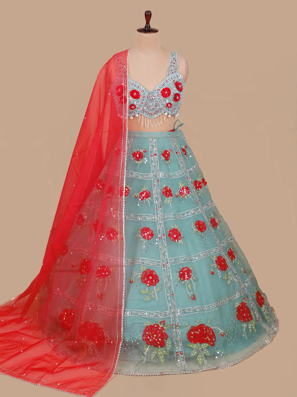 MyFashion KLS-2674 Multi Thread Aplique Net Sea Green Lehenga