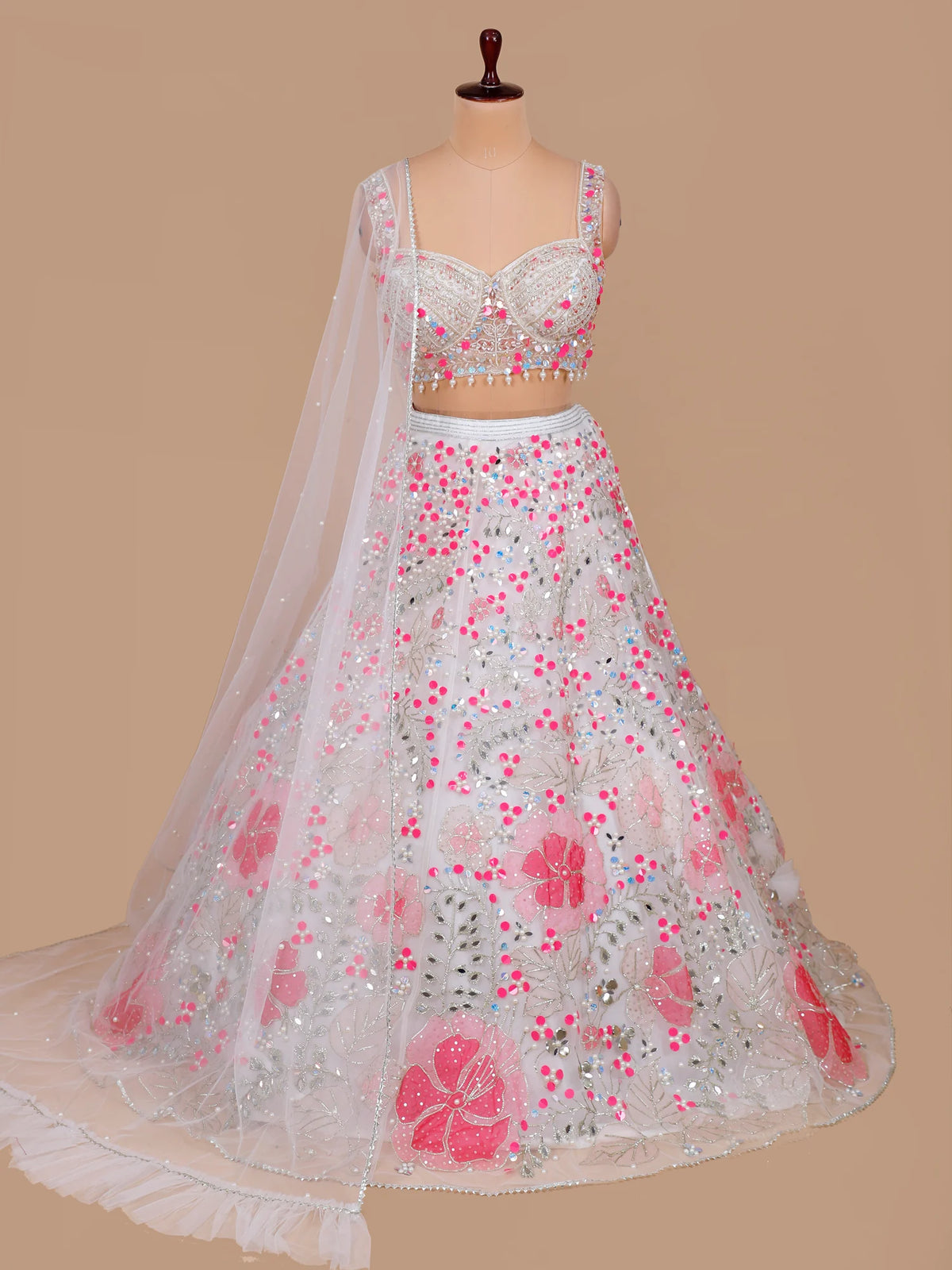 MyFashion KLS-2678 Soft White Net Lehenga with Pearl Mirror & Aplique Craft