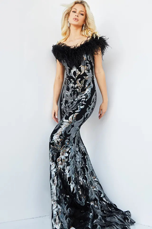 Jovani -22346 Sequin and Feathered Trumpet Evening Gown