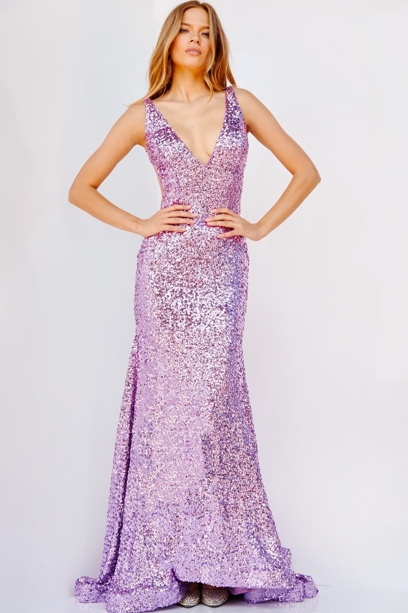 Jovani -23079 Plunging V-Neck Sequin Prom Gown