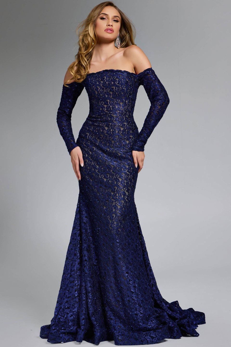 Jovani -23084B Long Sleeves Off-Shoulder Lace Gown