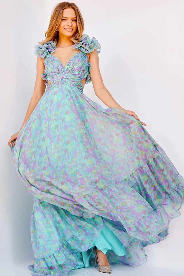 Jovani -23320 Ruffled Shoulder Flowy Printed Gown