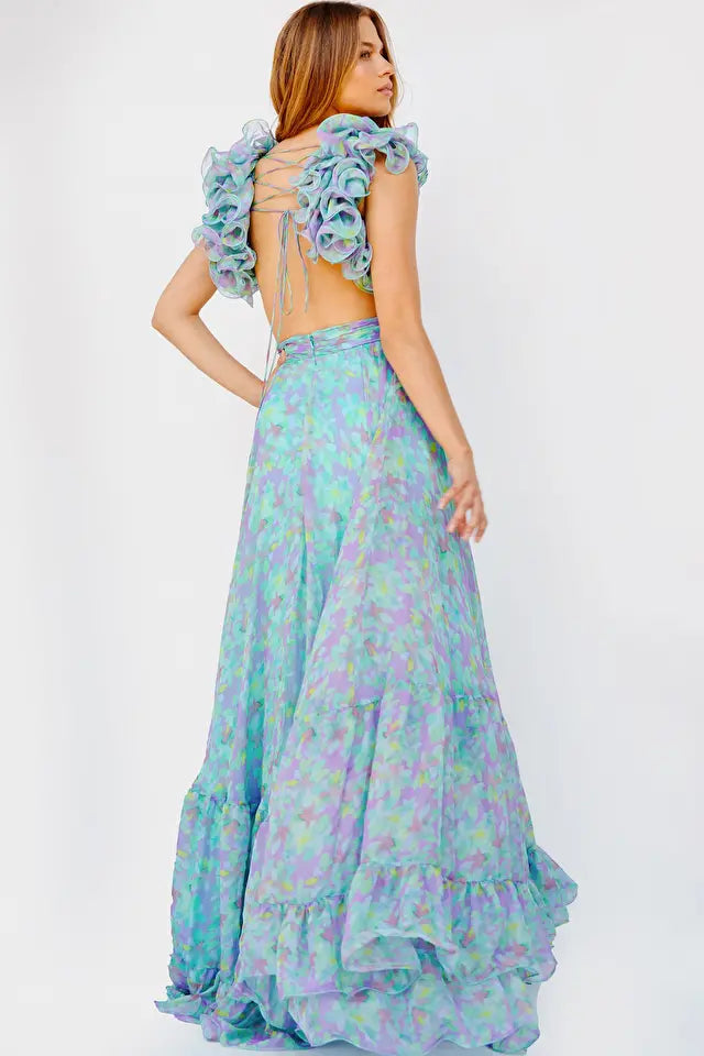 Jovani -23320 Ruffled Shoulder Flowy Printed Gown